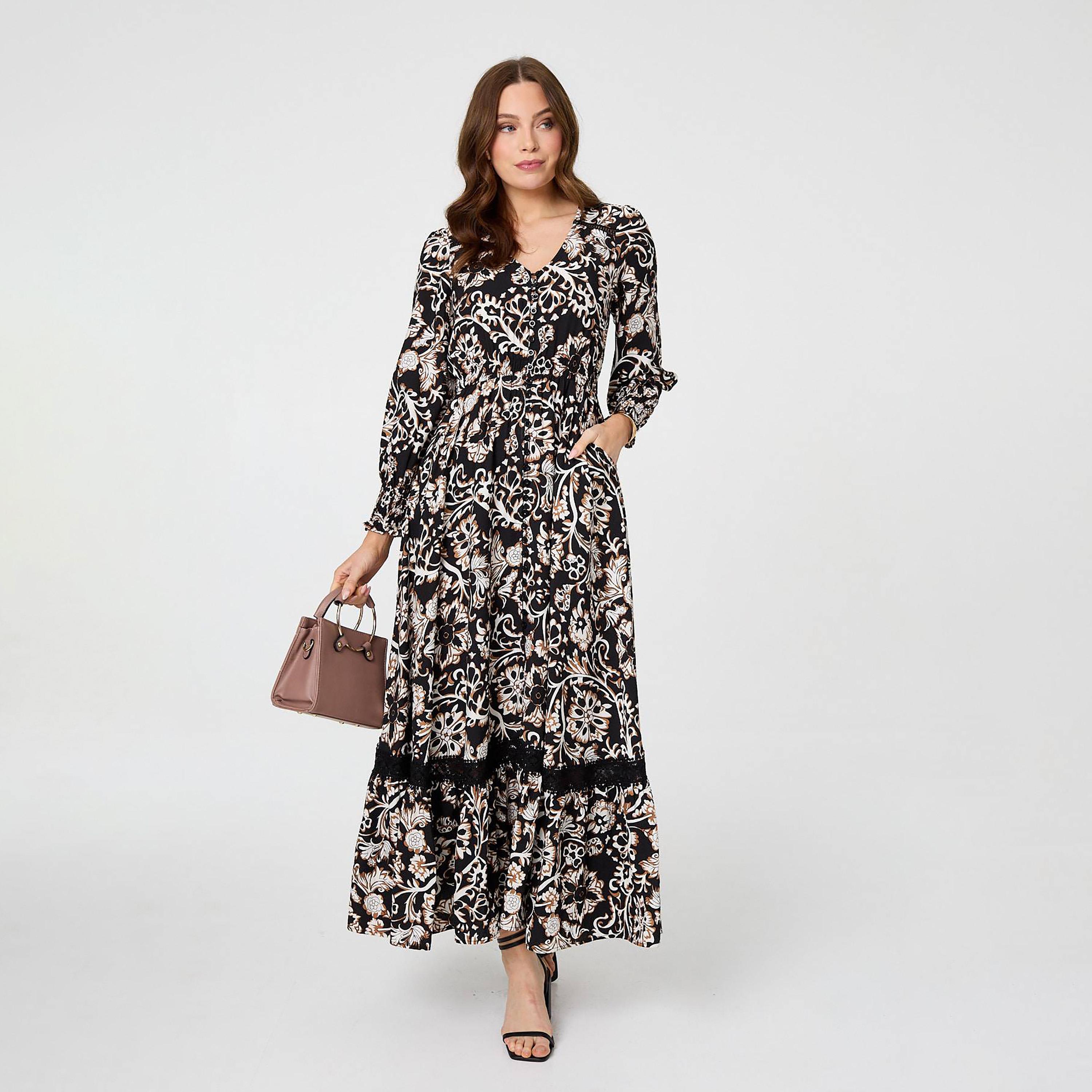 Izabel London Black Floral Print Bishop Sleeves Tiered Women's Maxi Dress-women-clothing-dresses-image-1