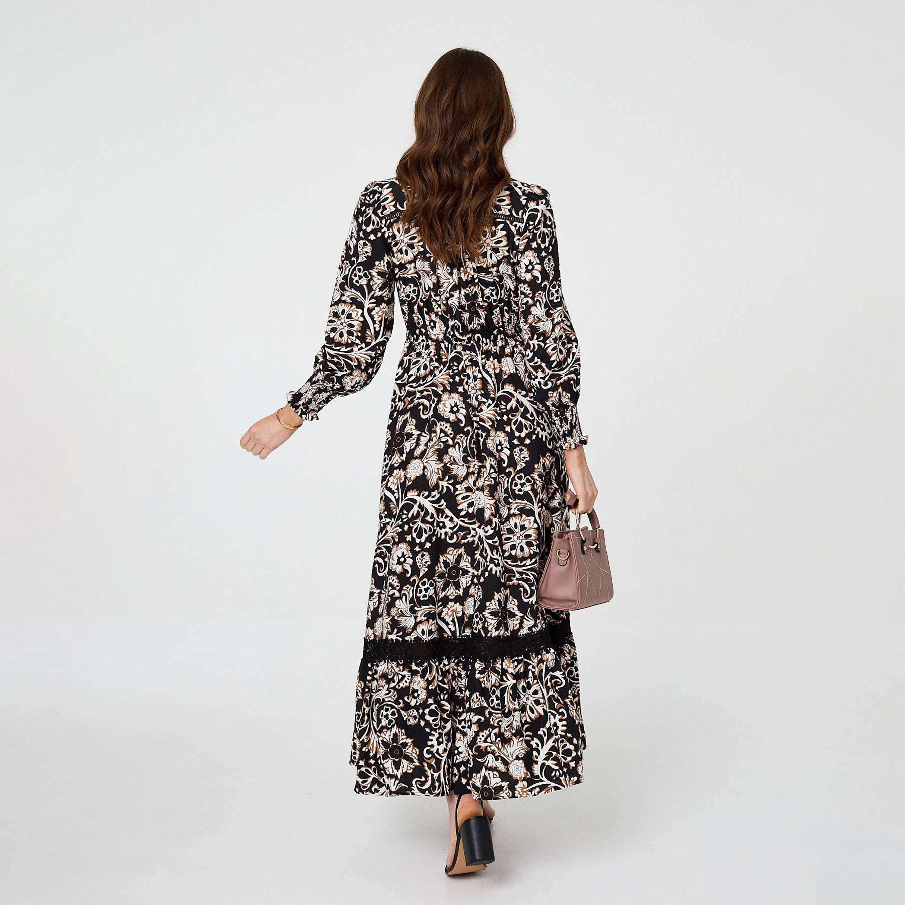 Izabel London Black Floral Print Bishop Sleeves Tiered Women's Maxi Dress-women-clothing-dresses-image-3