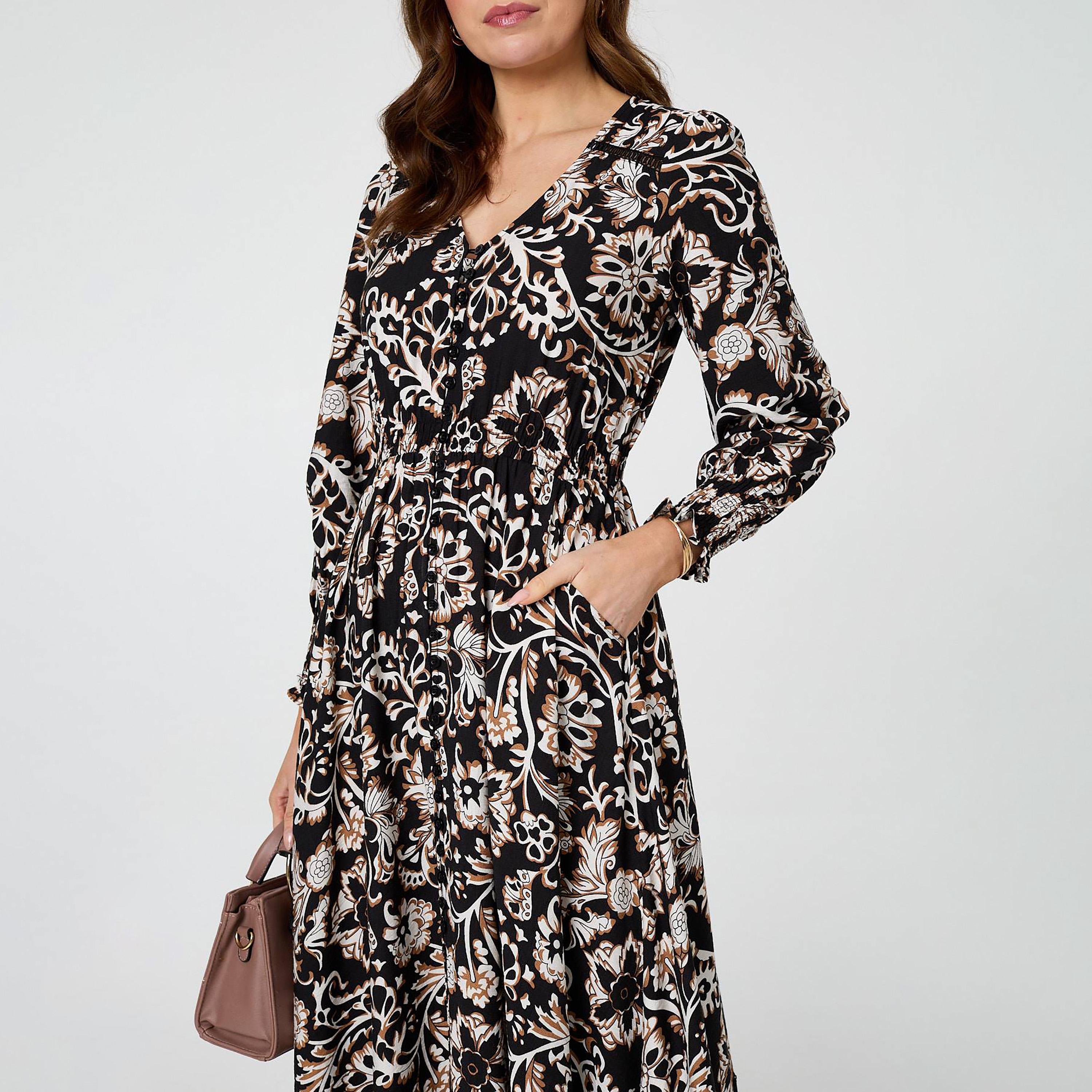 Izabel London Black Floral Print Bishop Sleeves Tiered Women's Maxi Dress-women-clothing-dresses-image-4