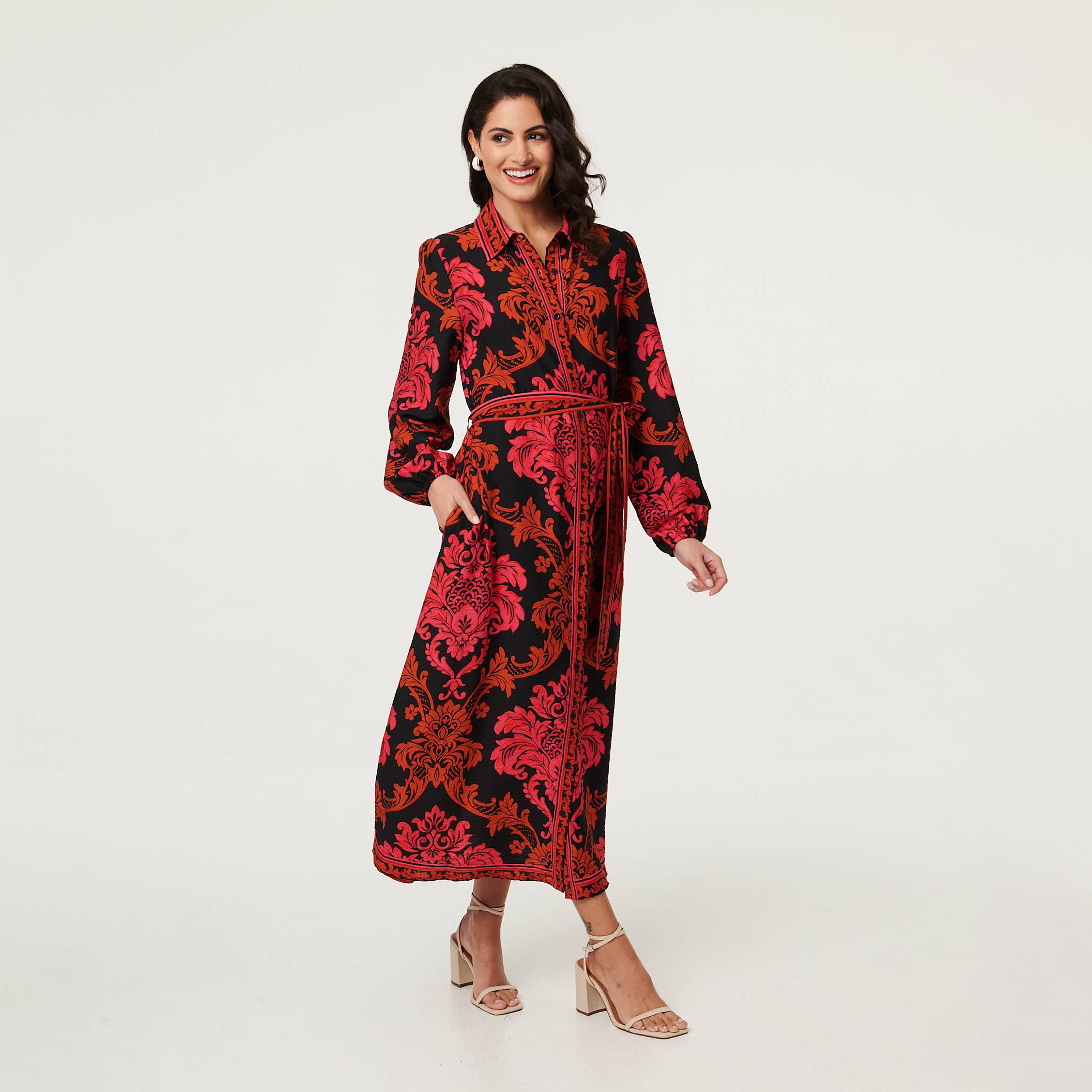 Izabel London Red Damask Print Collared Women's Midi Shirt Dress-women-clothing-dresses-image-3