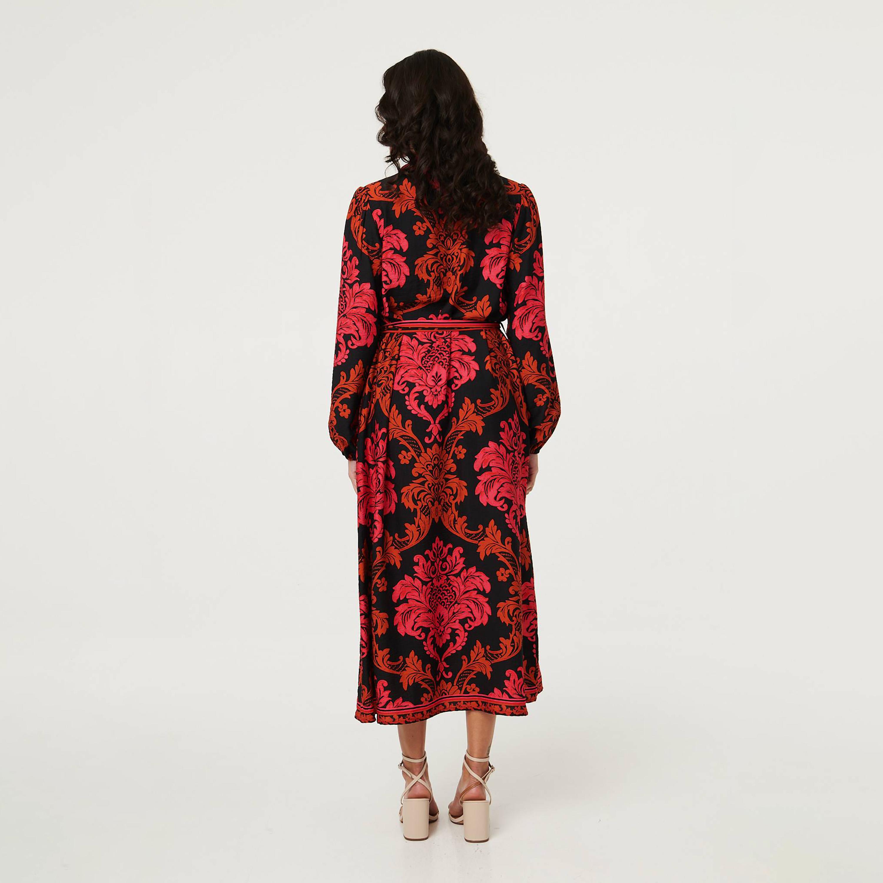 Izabel London Red Damask Print Collared Women's Midi Shirt Dress-women-clothing-dresses-image-4