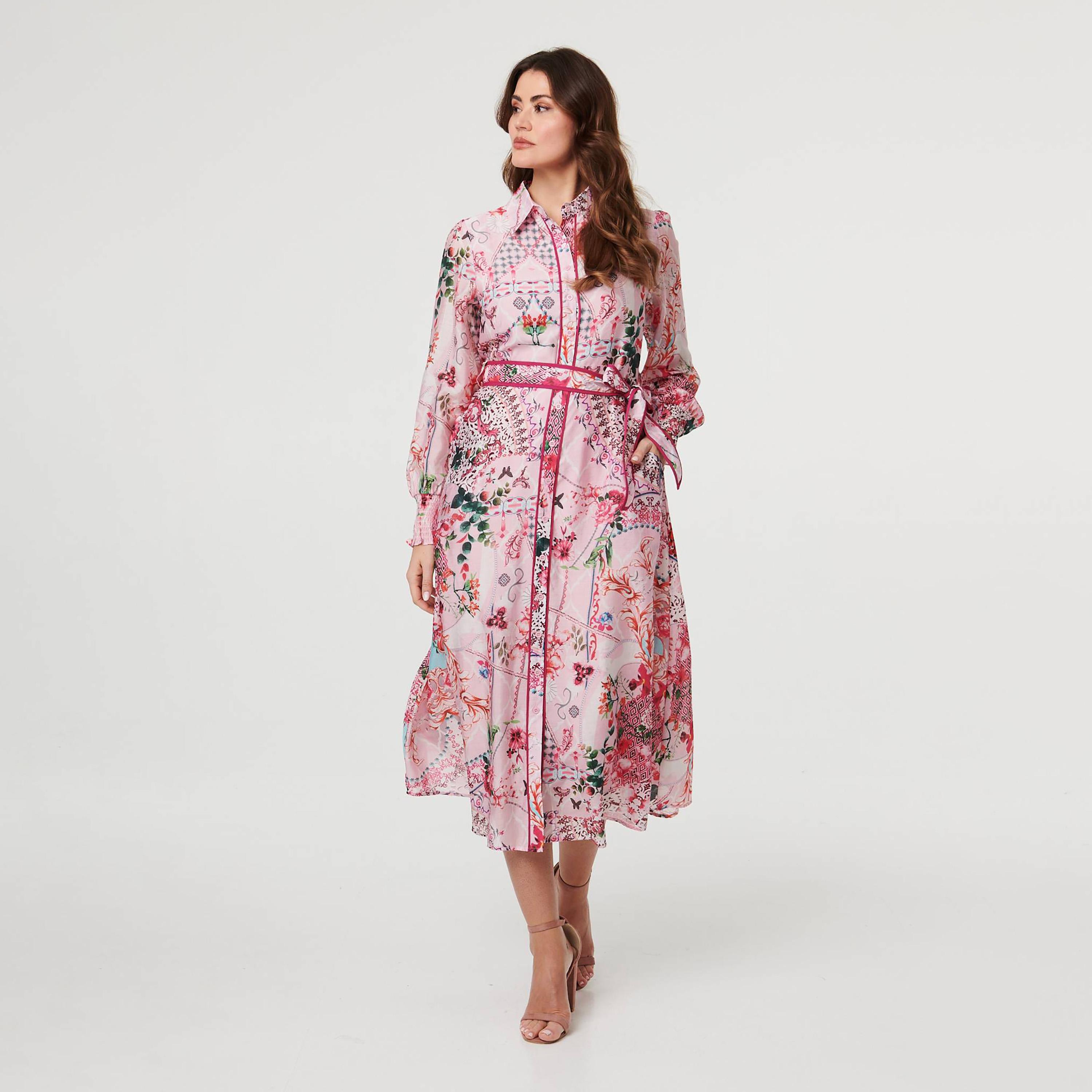 فستان قميص ميدي بياقة وأكمام "بيشوب" وطبعة زهور "باتش" وردية من إيزابيل لندن-women-clothing-dresses-image-1