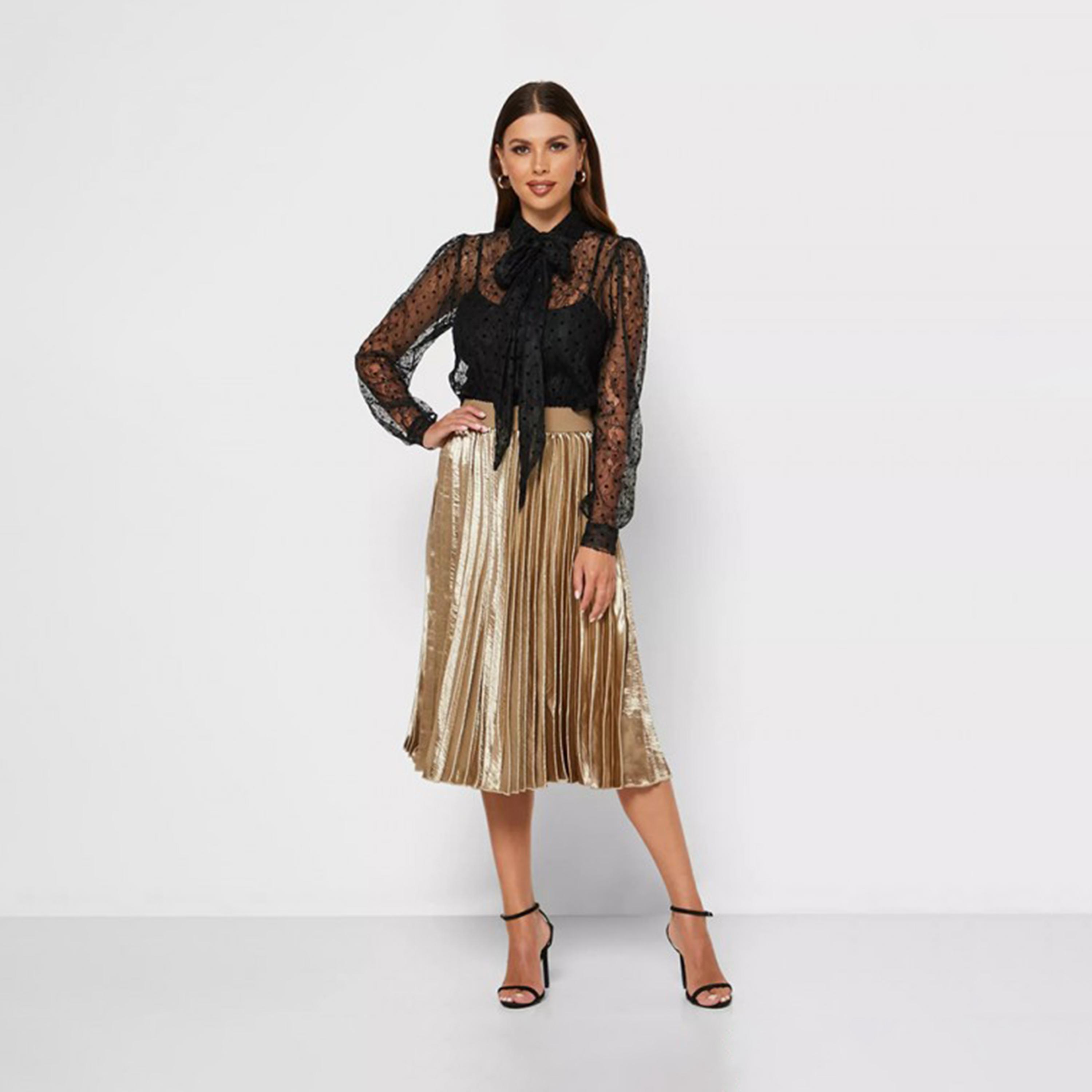 ليتل مسترس- تنورة ثنيات بشكل A متوسطة الطول لون معدني-women-clothing-skirts-image-1