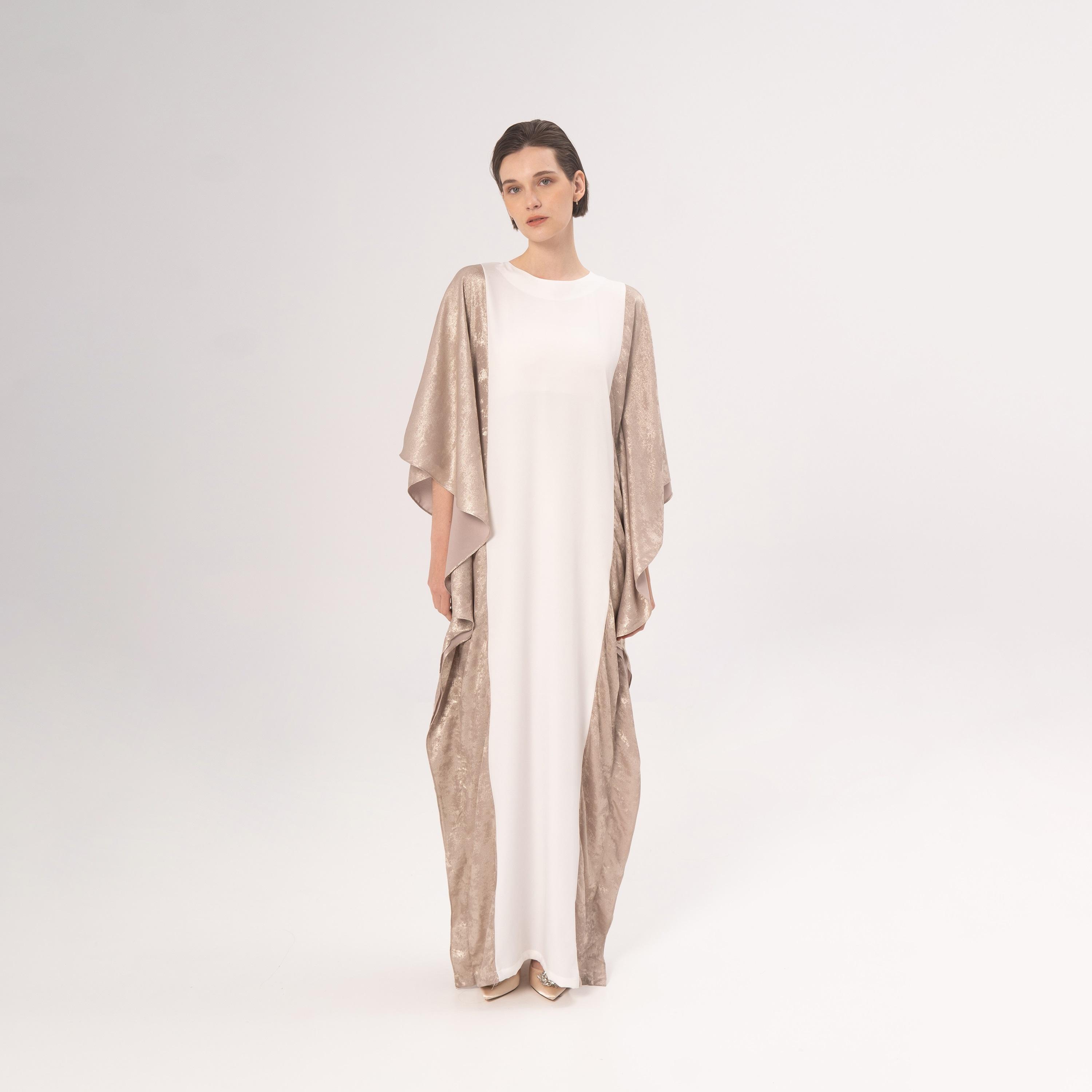Hadiyath Al Madinah Cream Metallic Colour-Blocked Flared Sleeves Velvet Women's Kaftan-women-arabicclothing-kaftan-image-1