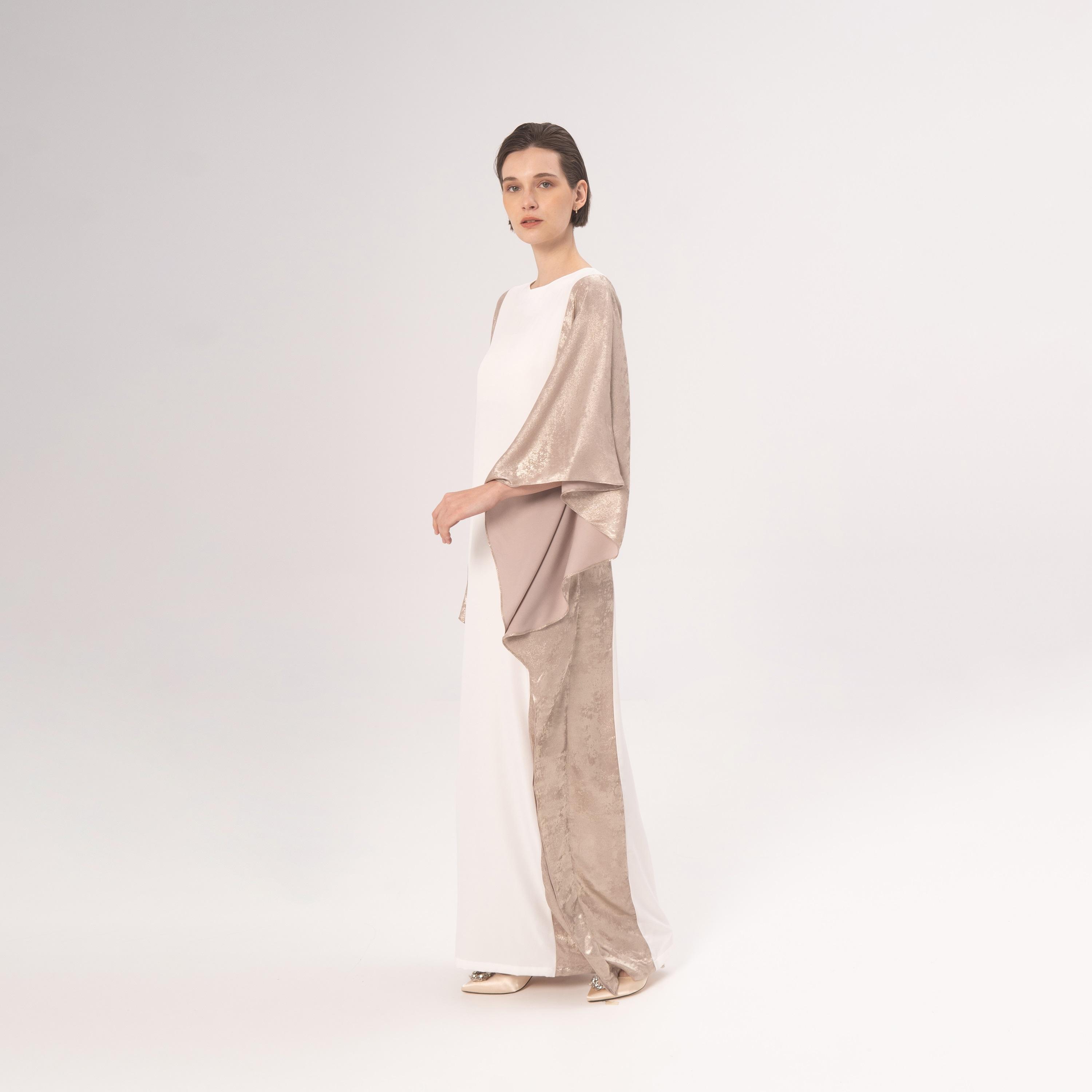 Hadiyath Al Madinah Cream Metallic Colour-Blocked Flared Sleeves Velvet Women's Kaftan-women-arabicclothing-kaftan-image-3