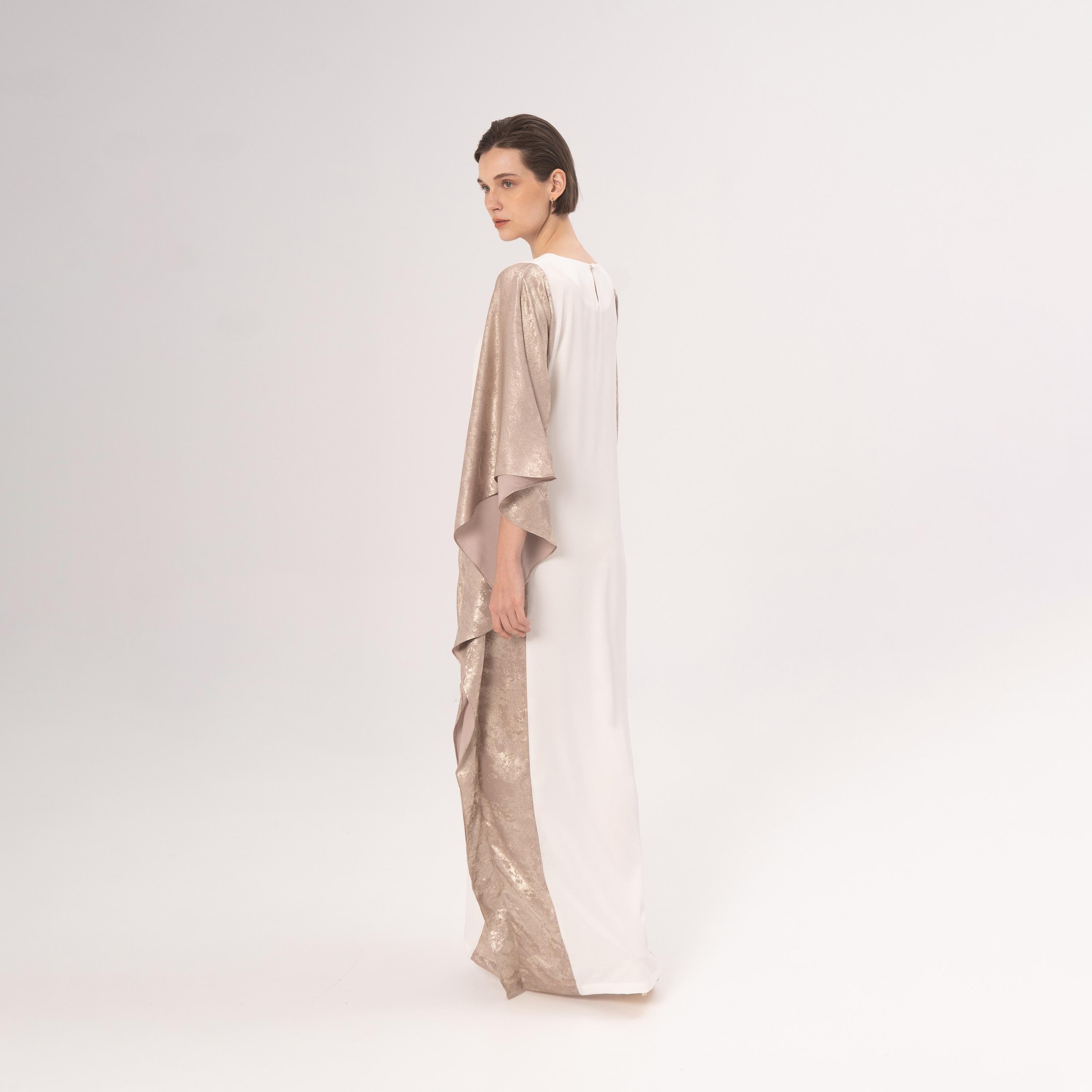 Hadiyath Al Madinah Cream Metallic Colour-Blocked Flared Sleeves Velvet Women's Kaftan-women-arabicclothing-kaftan-image-4