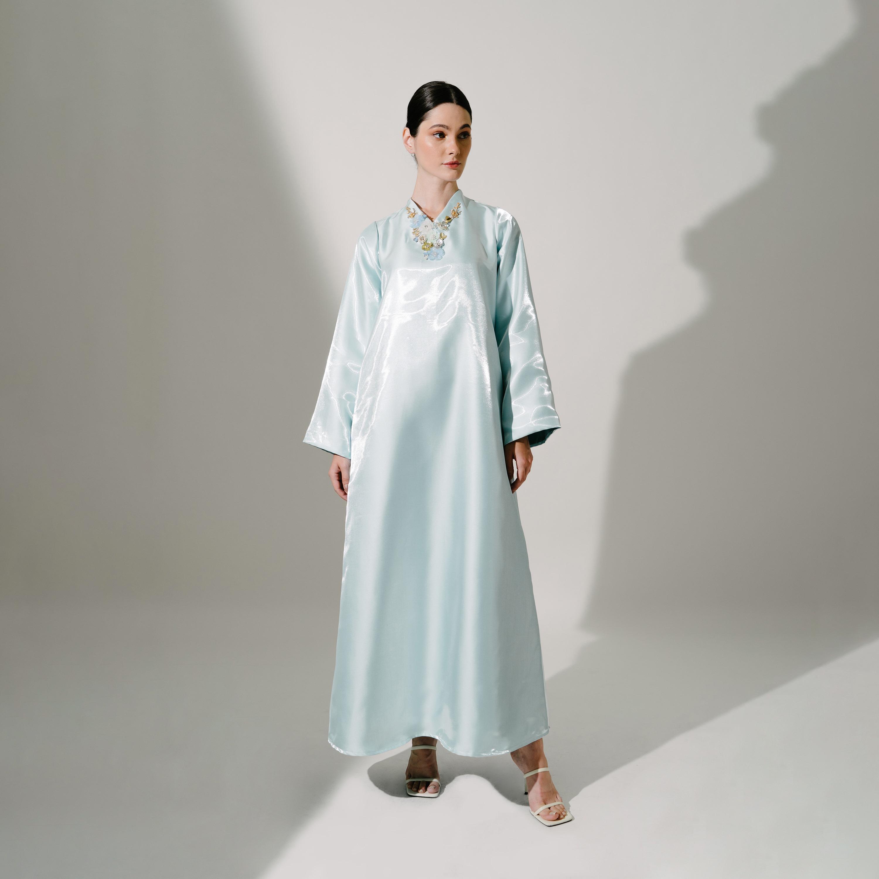 Hadiyath Al Madinah Light Blue Silk Embellished Neck Women's Kaftan-women-arabicclothing-kaftan-image-1