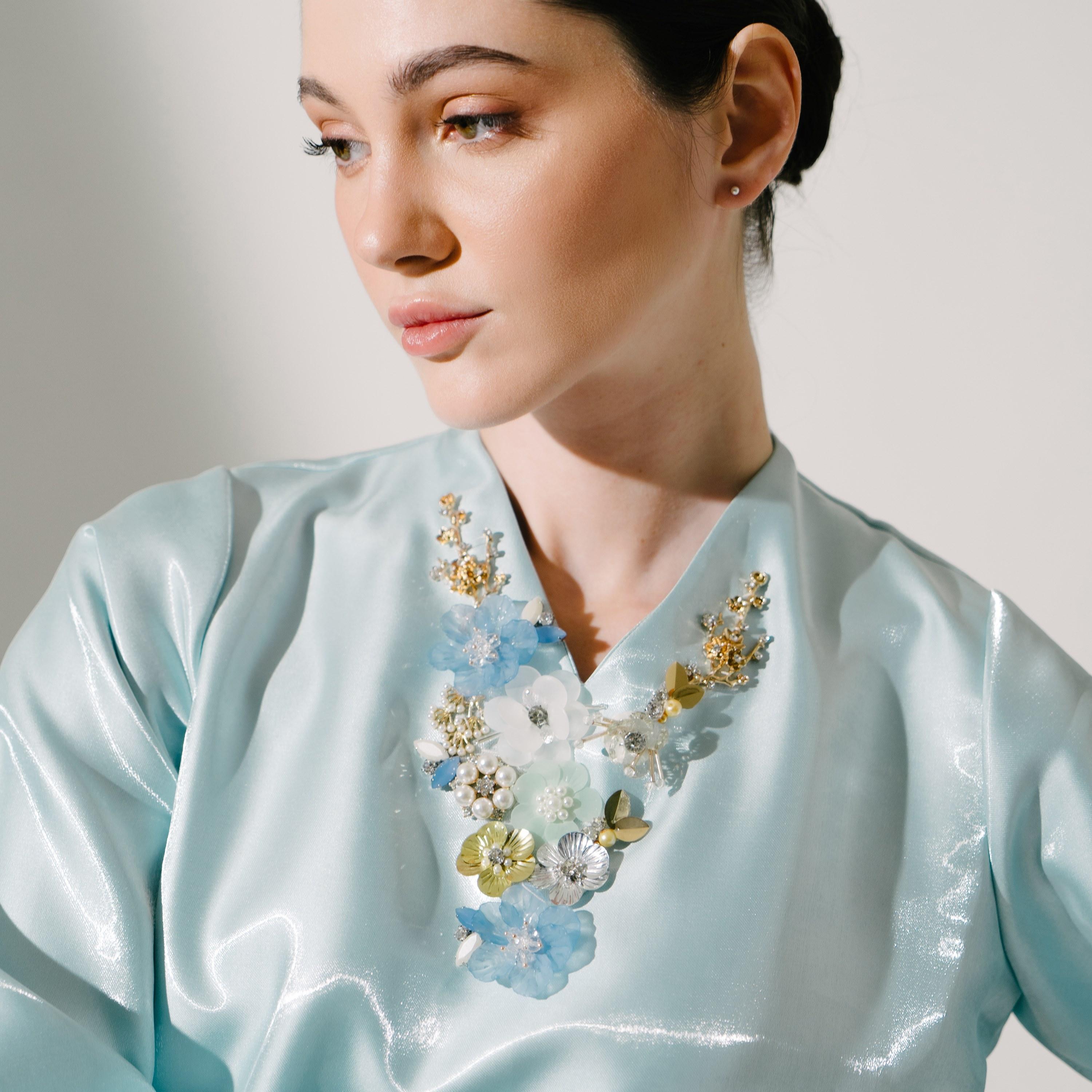 Hadiyath Al Madinah Light Blue Silk Embellished Neck Women's Kaftan-women-arabicclothing-kaftan-image-2