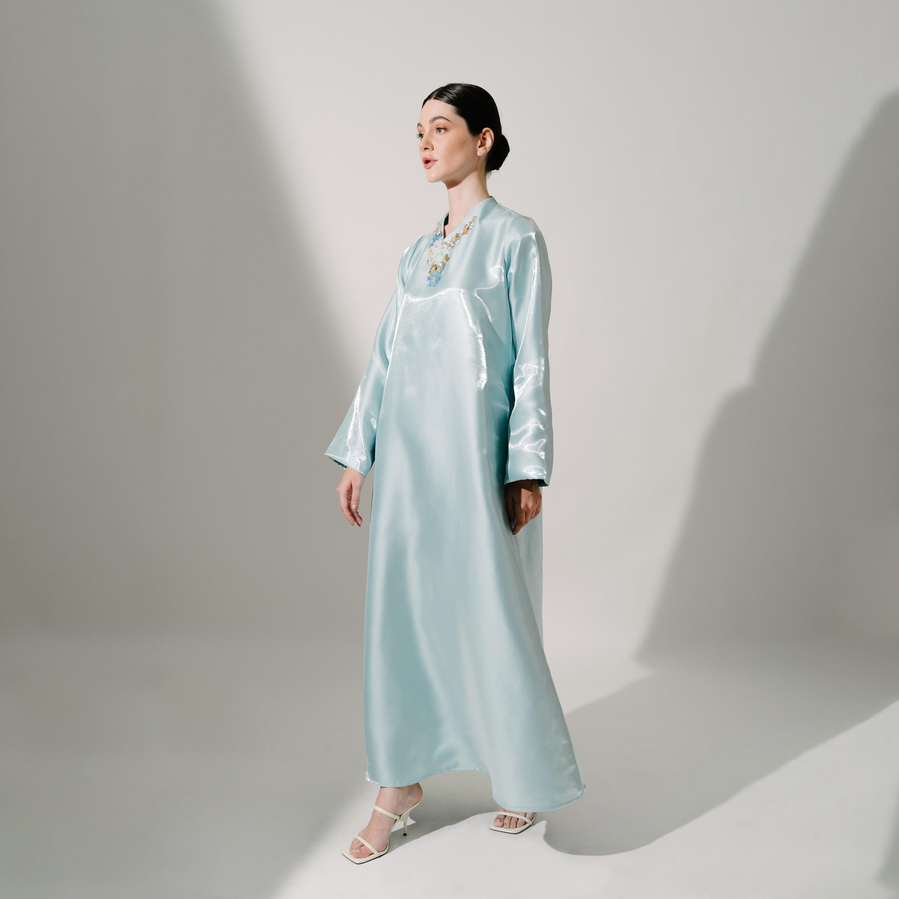 Hadiyath Al Madinah Light Blue Silk Embellished Neck Women's Kaftan-women-arabicclothing-kaftan-image-3