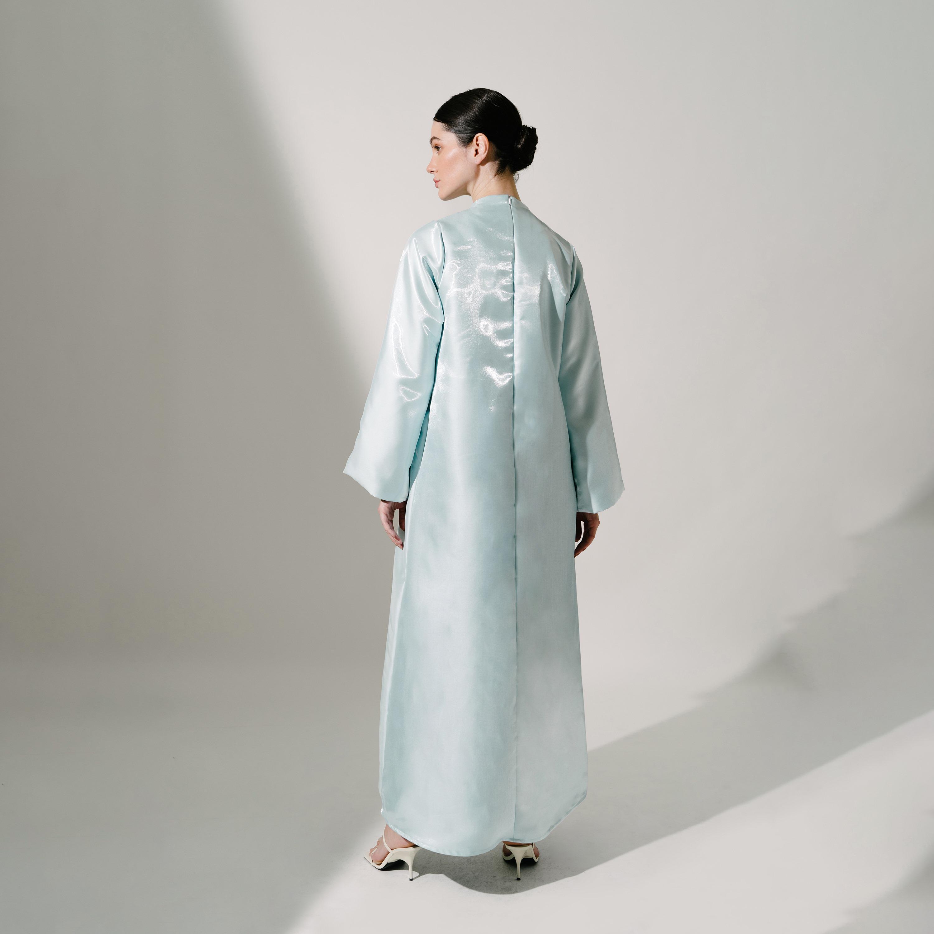 Hadiyath Al Madinah Light Blue Silk Embellished Neck Women's Kaftan-women-arabicclothing-kaftan-image-4
