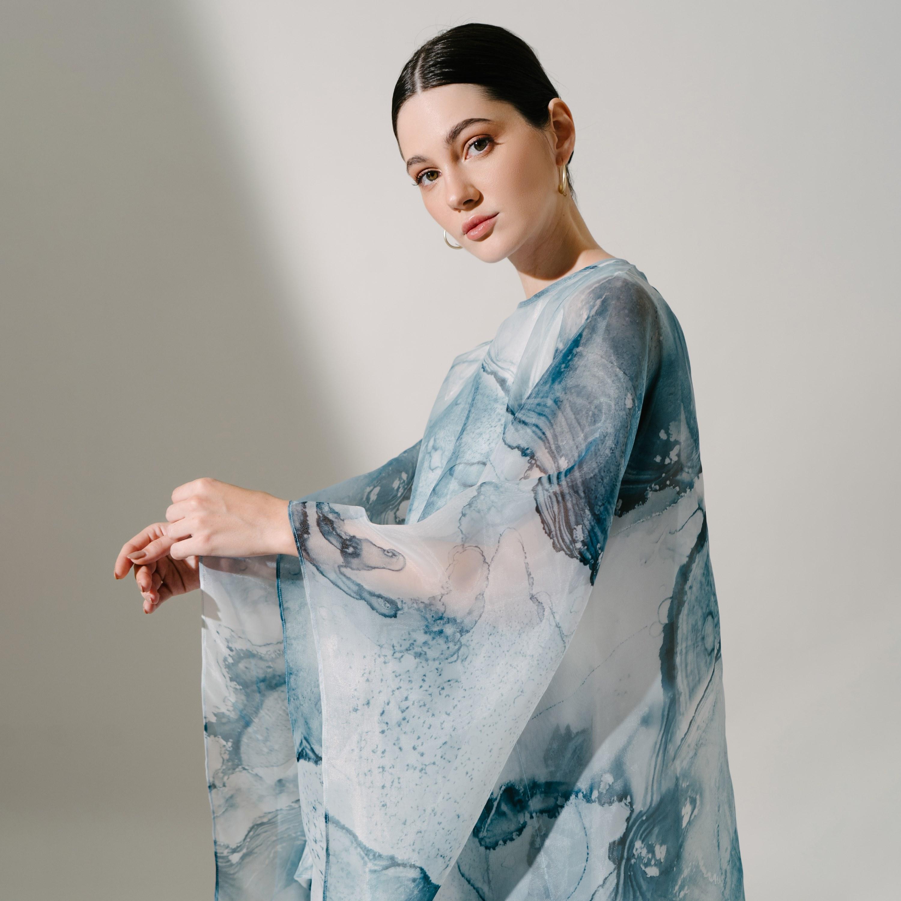 Hadiyath Al Madinah Flared Sleeves Organza Women's Kaftan-women-arabicclothing-kaftan-image-2