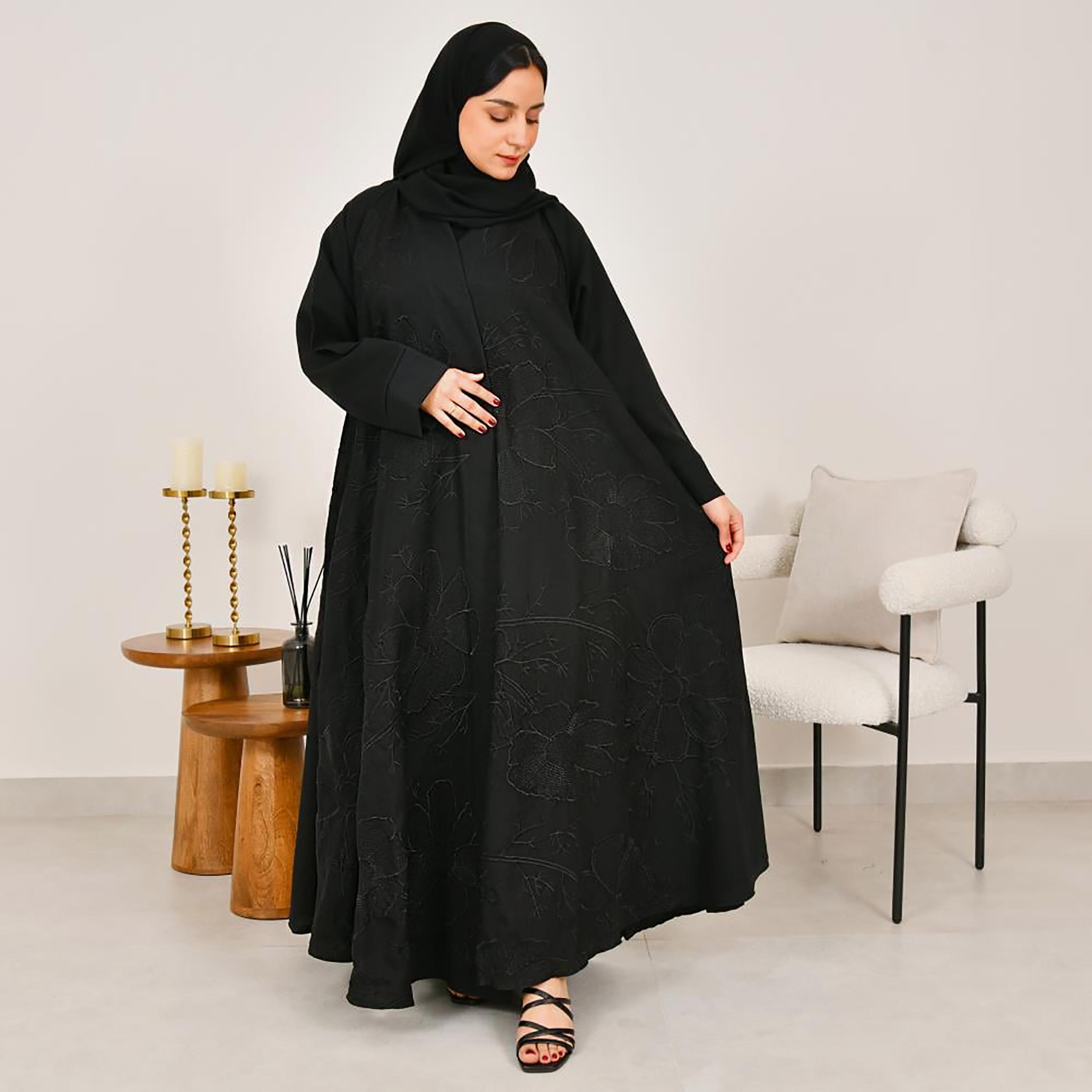Lamha Black Embroidered Linen Women's Abaya with Hijab-women-arabicclothing-abayas-image-1