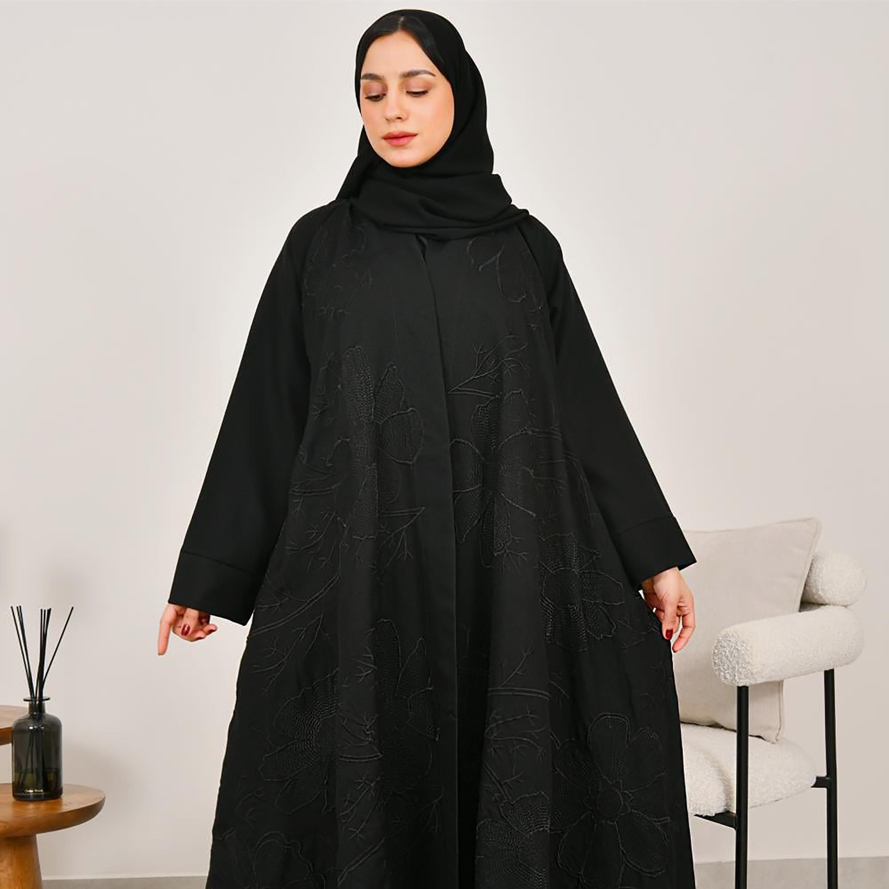 Lamha Black Embroidered Linen Women's Abaya with Hijab-women-arabicclothing-abayas-image-2