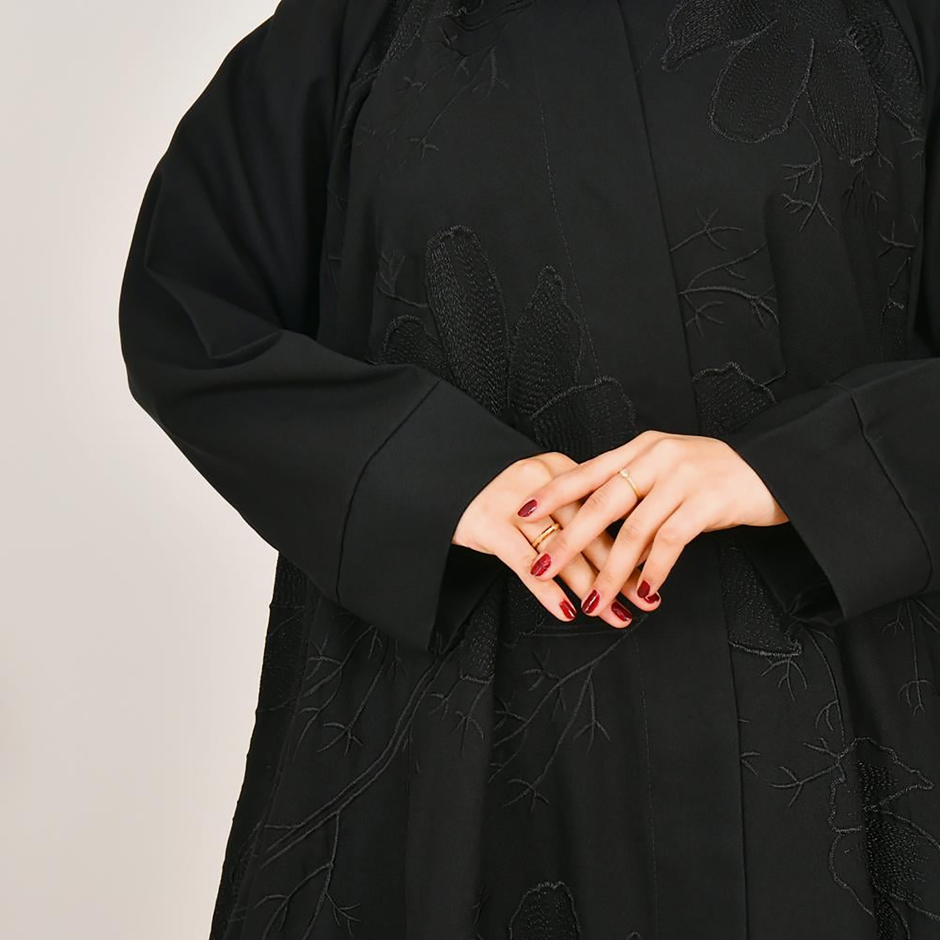 Lamha Black Embroidered Linen Women's Abaya with Hijab-women-arabicclothing-abayas-image-3