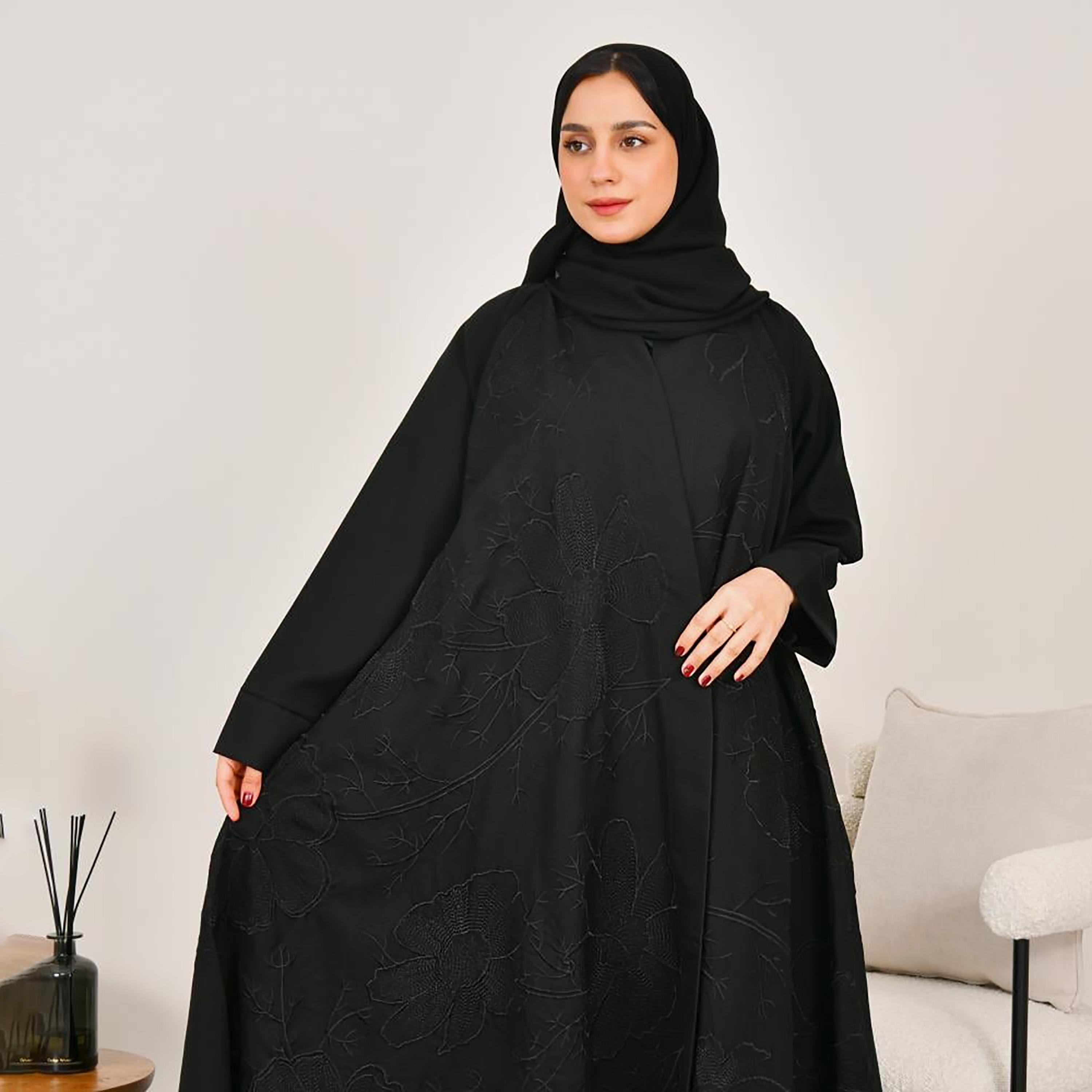 Lamha Black Embroidered Linen Women's Abaya with Hijab-women-arabicclothing-abayas-image-4