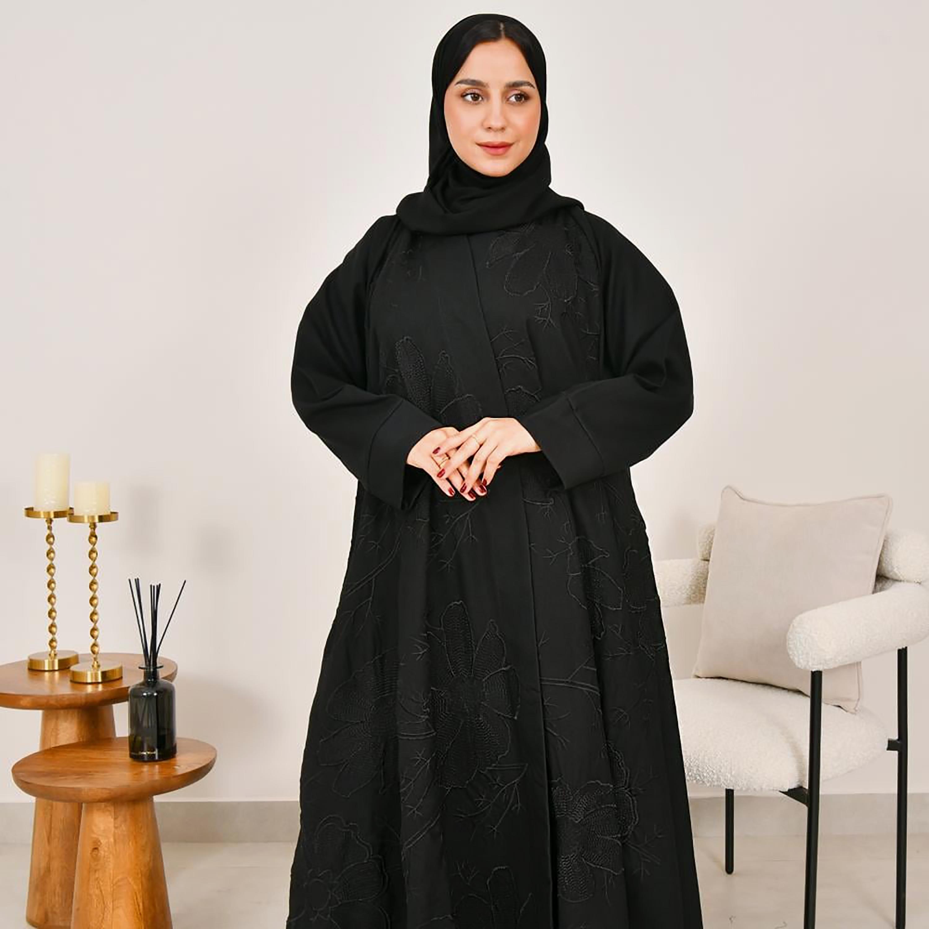 Lamha Black Embroidered Linen Women's Abaya with Hijab-women-arabicclothing-abayas-image-5