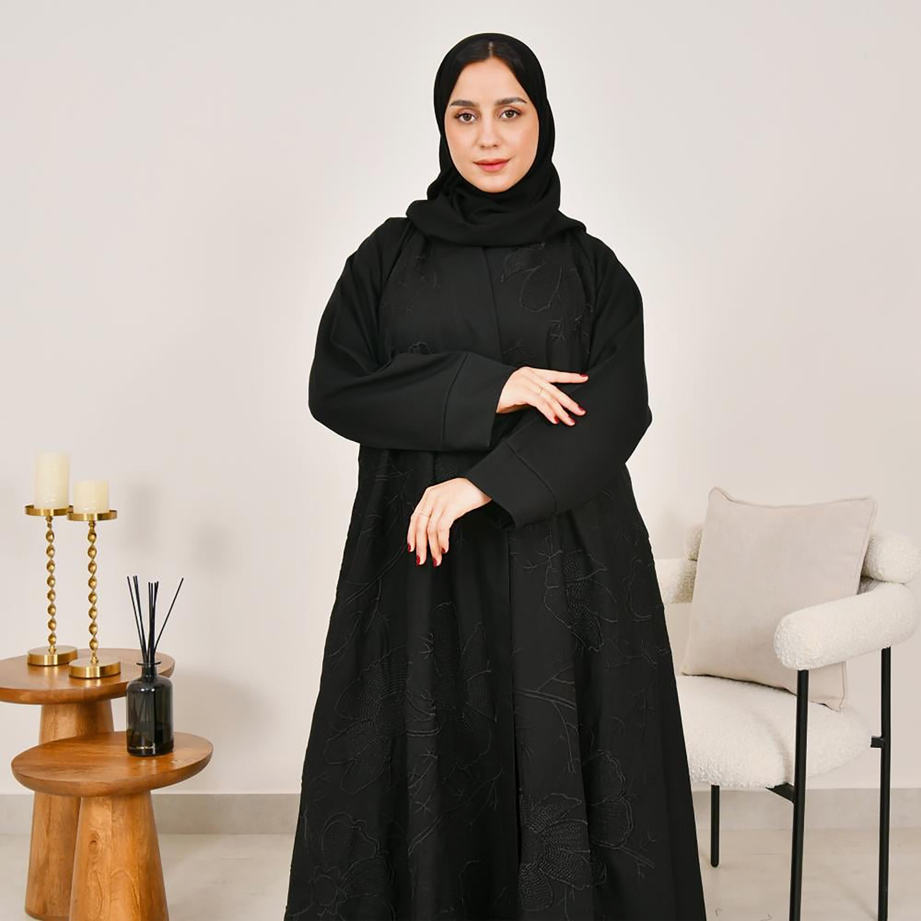 Lamha Black Embroidered Linen Women's Abaya with Hijab-women-arabicclothing-abayas-image-6
