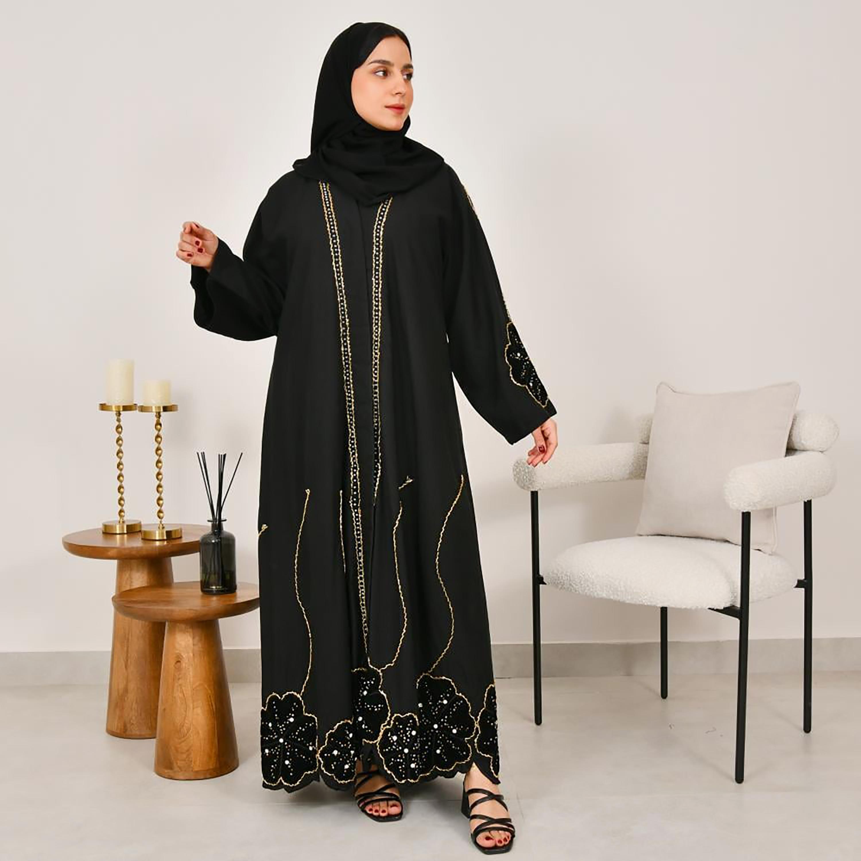 Lamha Black Beaded Linen Women's Abaya with Hijab-women-arabicclothing-abayas-image-1