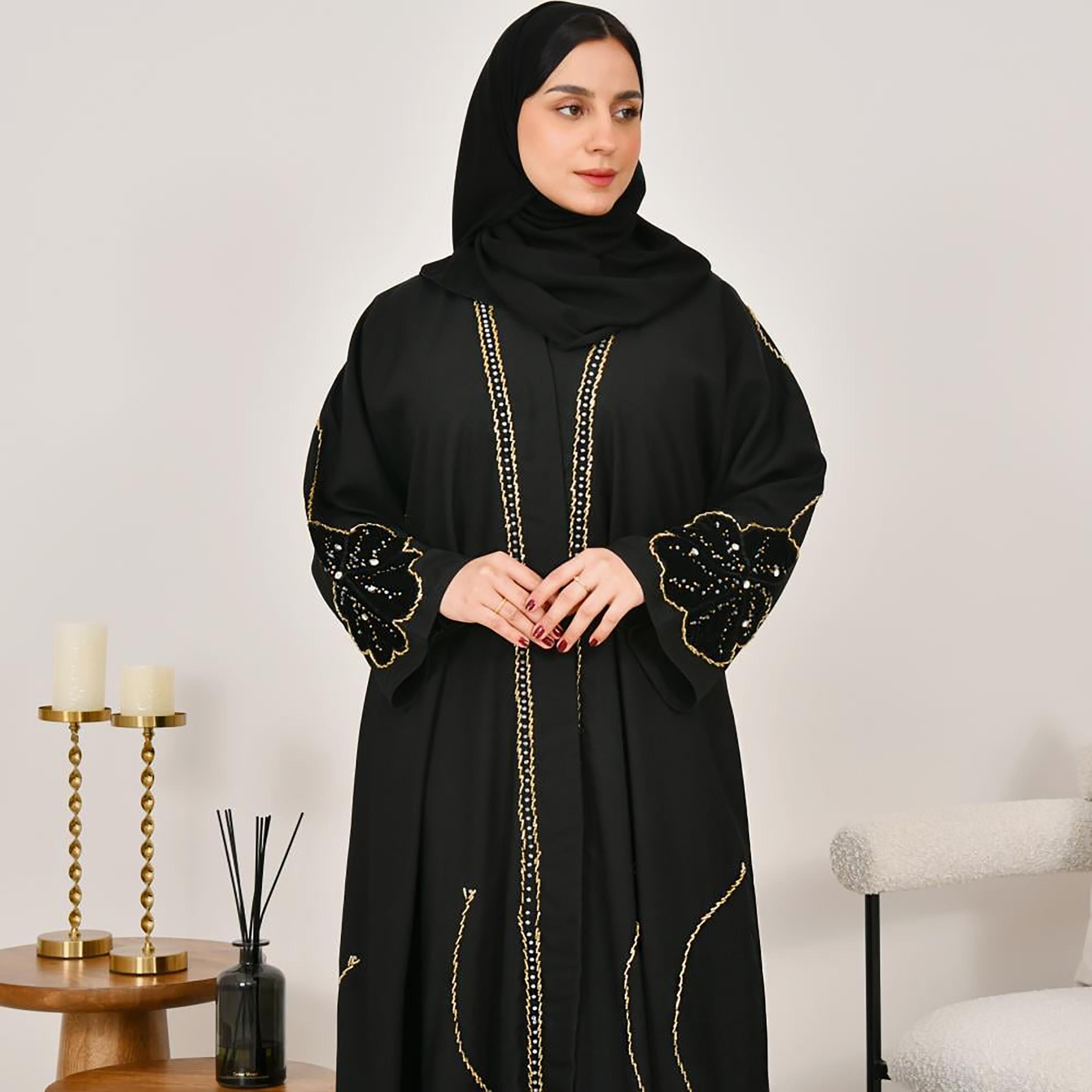 Lamha Black Beaded Linen Women's Abaya with Hijab-women-arabicclothing-abayas-image-2