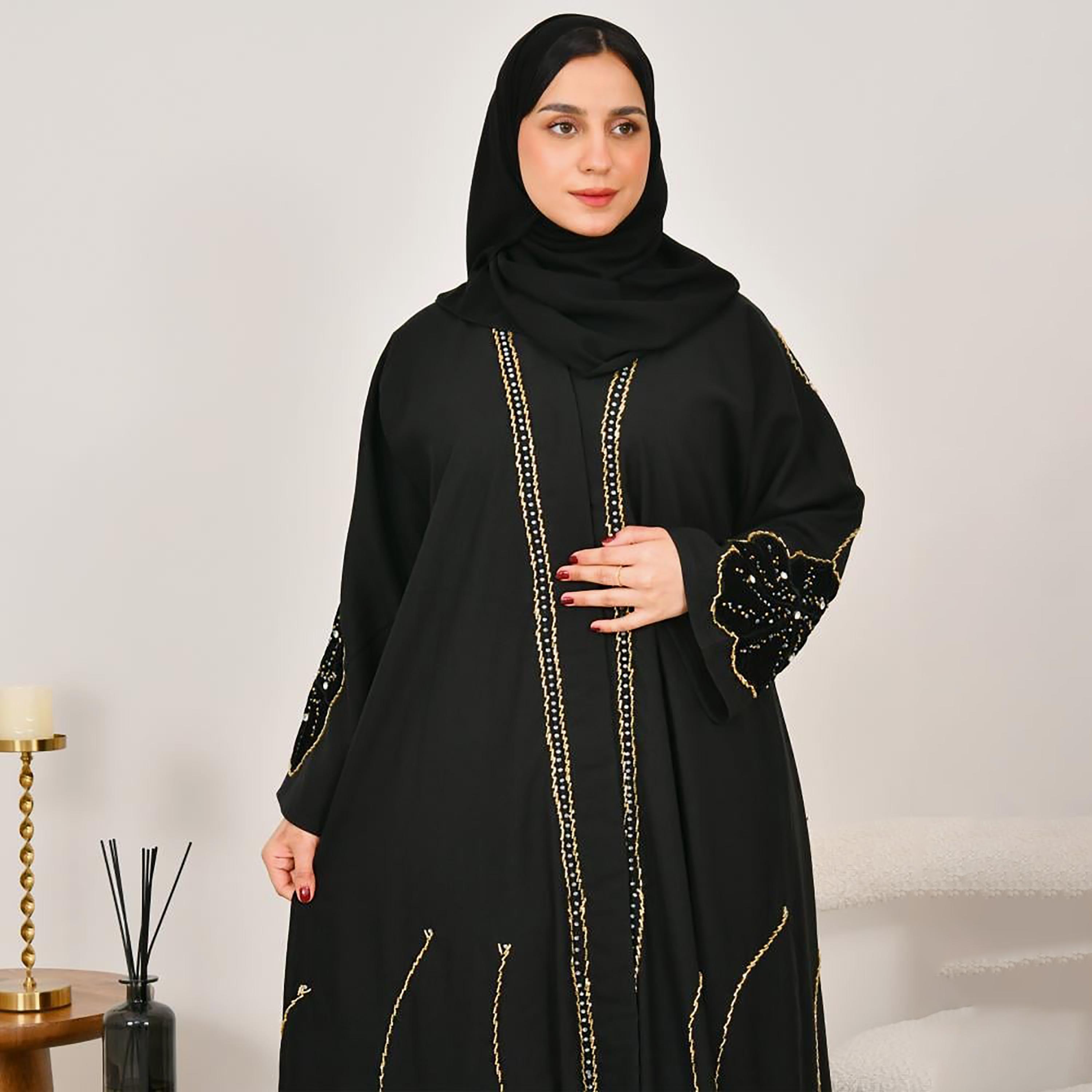 Lamha Black Beaded Linen Women's Abaya with Hijab-women-arabicclothing-abayas-image-3