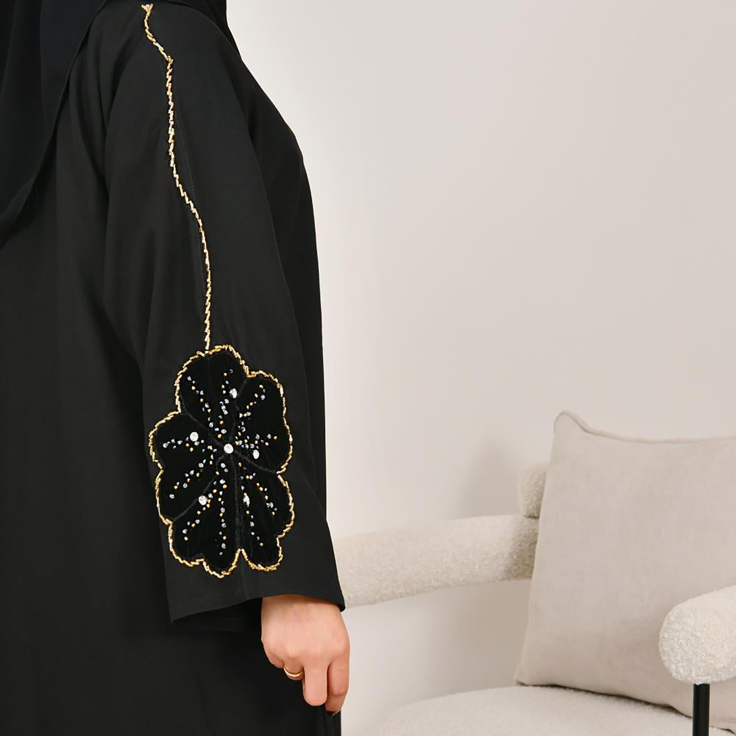 Lamha Black Beaded Linen Women's Abaya with Hijab-women-arabicclothing-abayas-image-4