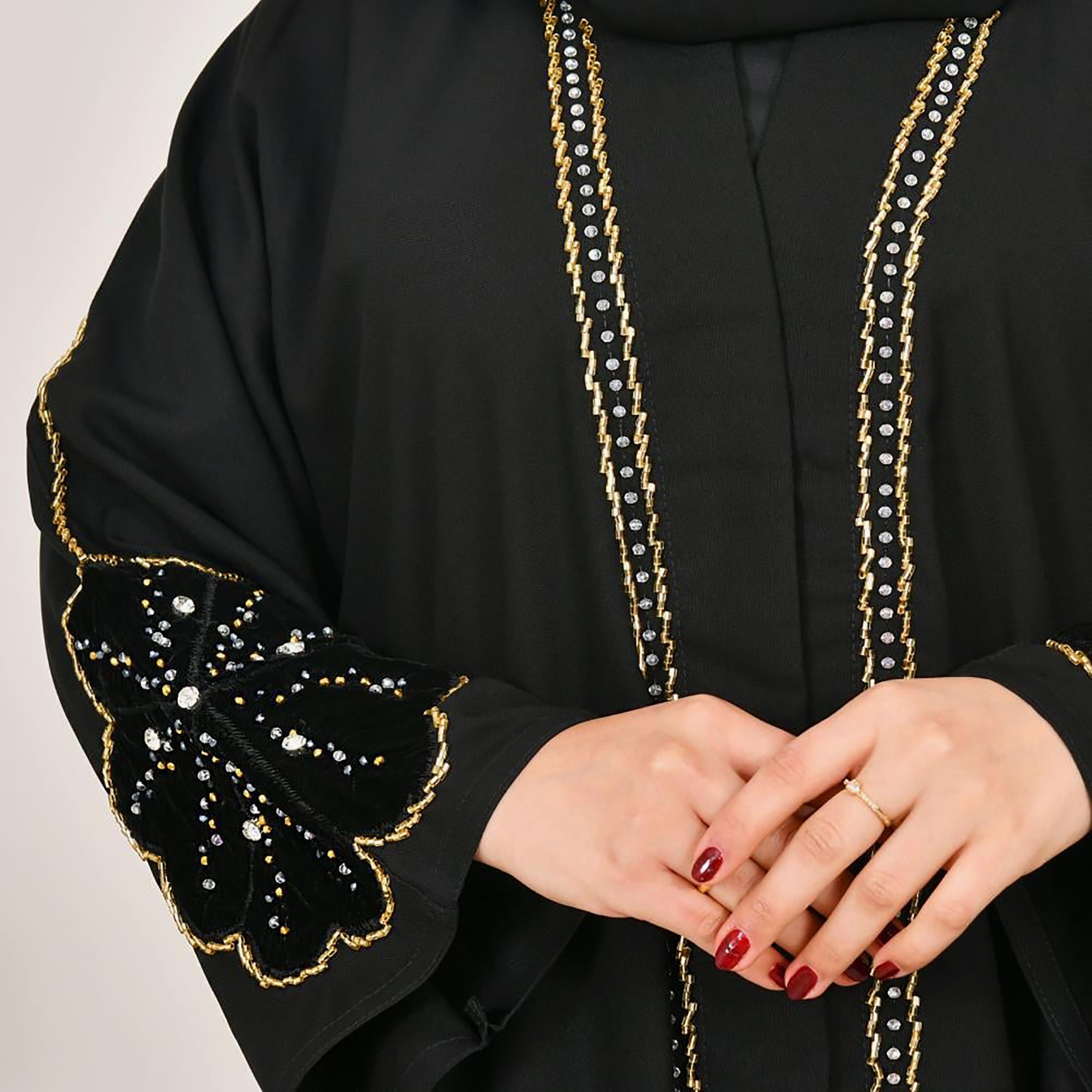 Lamha Black Beaded Linen Women's Abaya with Hijab-women-arabicclothing-abayas-image-5