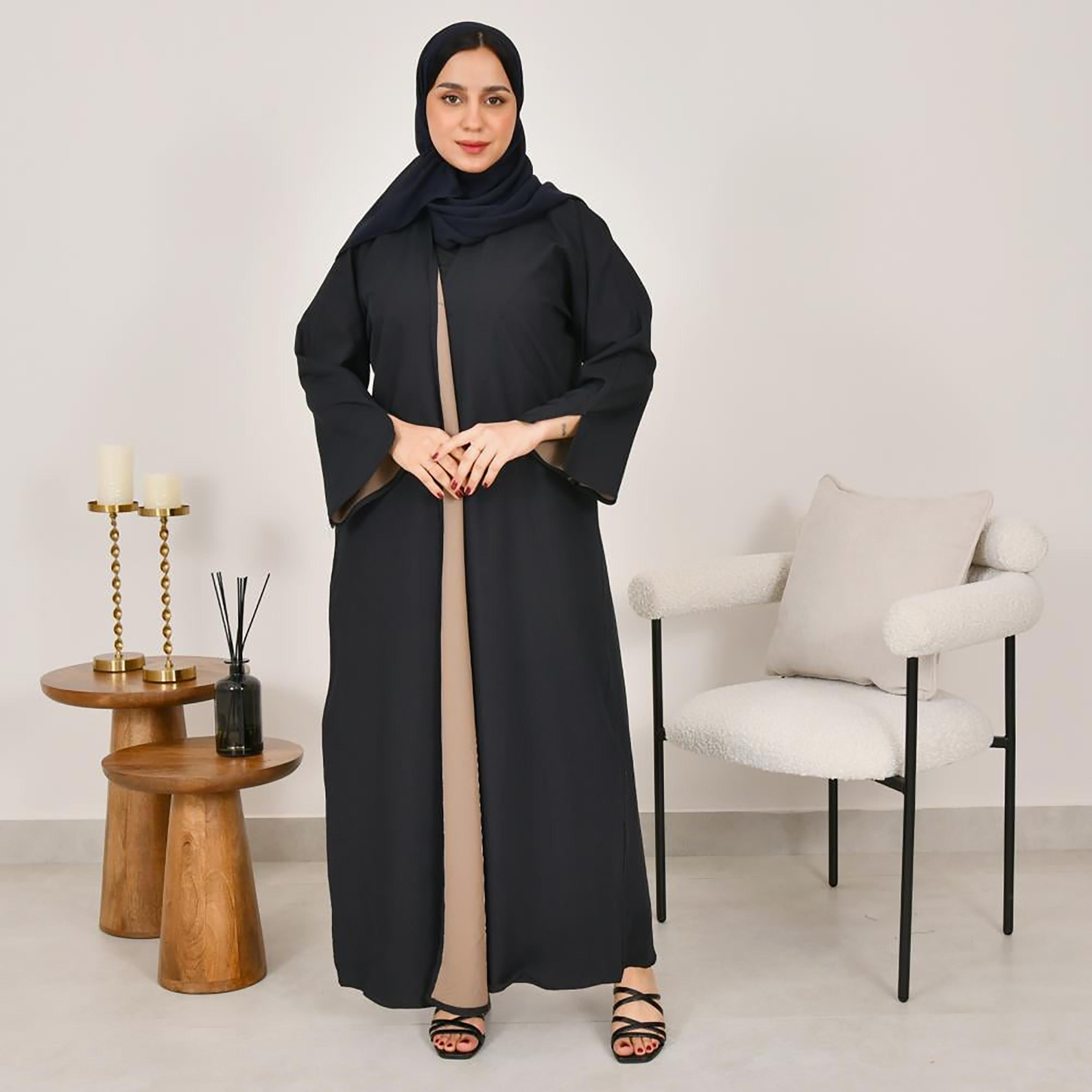 Lamha Beige Slit Sleeves Linen Women's Double Face Abaya with Hijab-women-arabicclothing-abayas-image-1