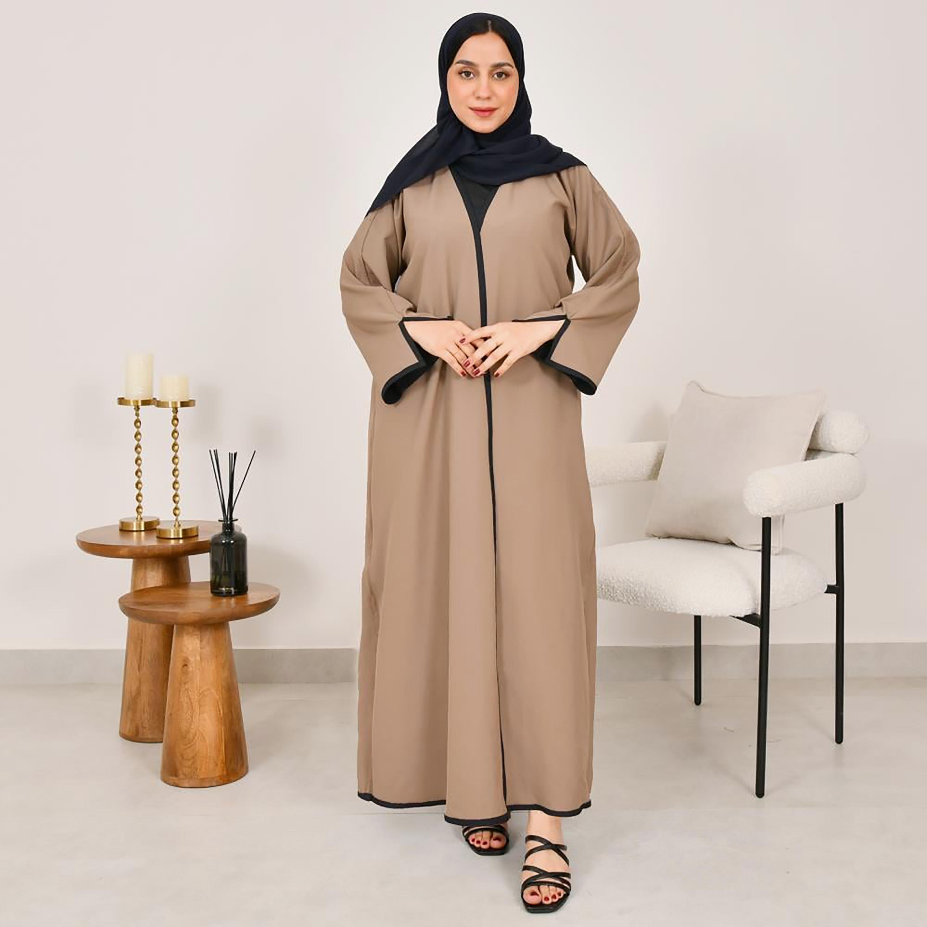 Lamha Beige Slit Sleeves Linen Women's Double Face Abaya with Hijab-women-arabicclothing-abayas-image-2