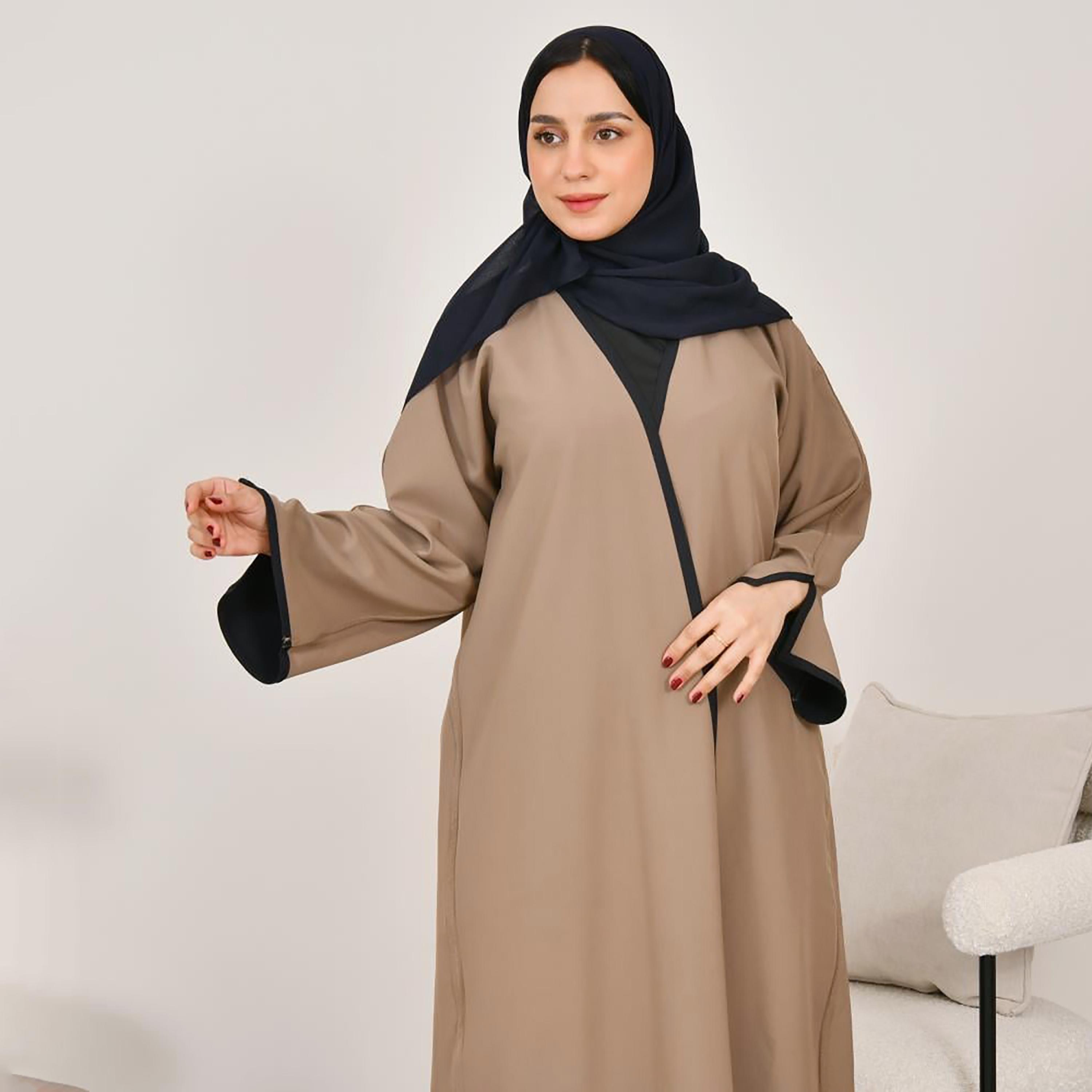 Lamha Beige Slit Sleeves Linen Women's Double Face Abaya with Hijab-women-arabicclothing-abayas-image-3