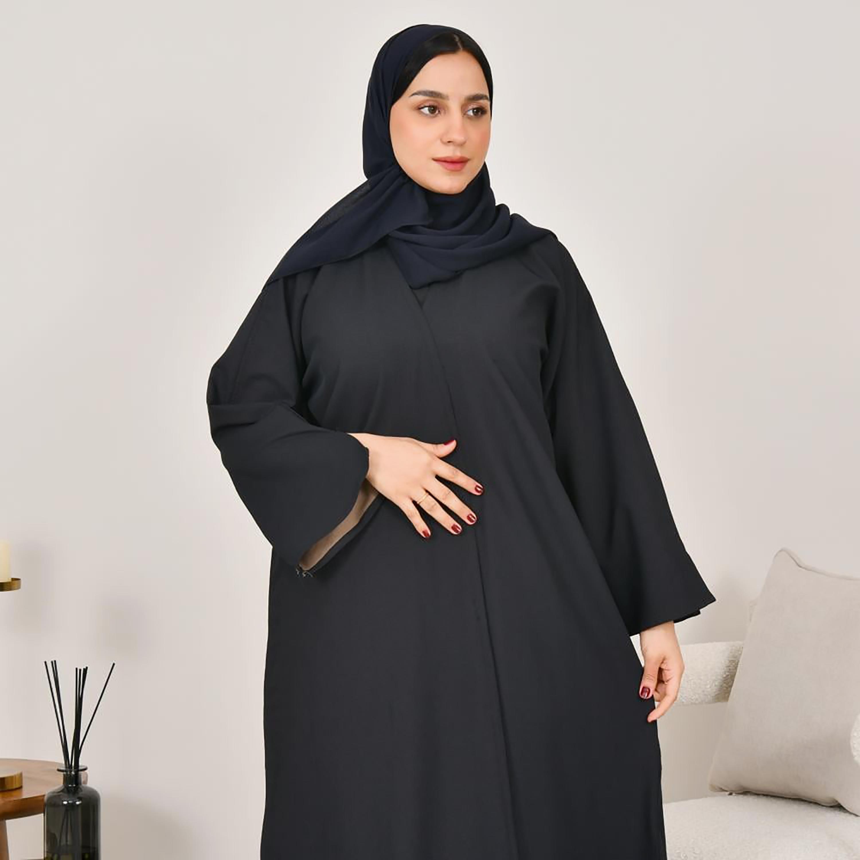 Lamha Beige Slit Sleeves Linen Women's Double Face Abaya with Hijab-women-arabicclothing-abayas-image-4