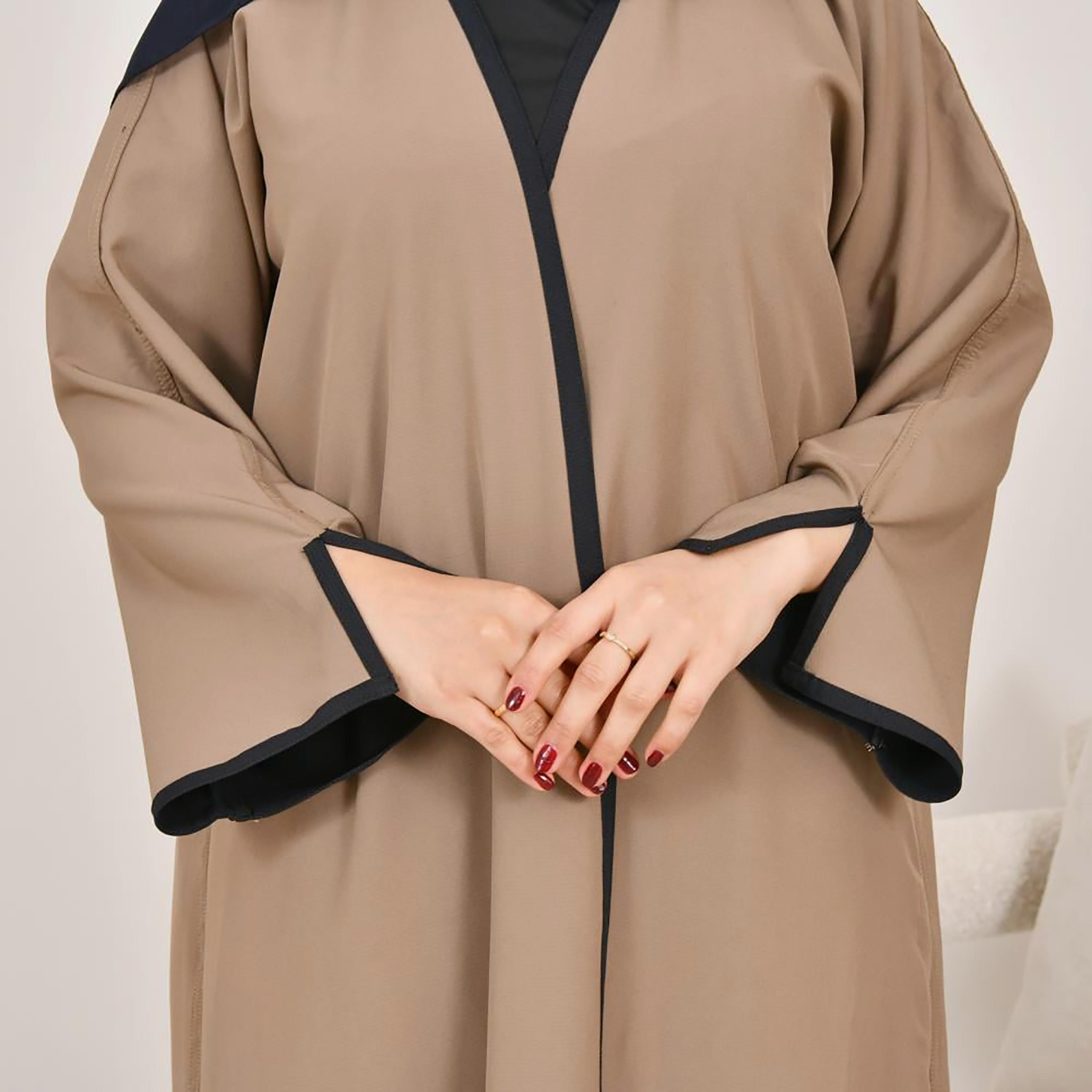 Lamha Beige Slit Sleeves Linen Women's Double Face Abaya with Hijab-women-arabicclothing-abayas-image-5