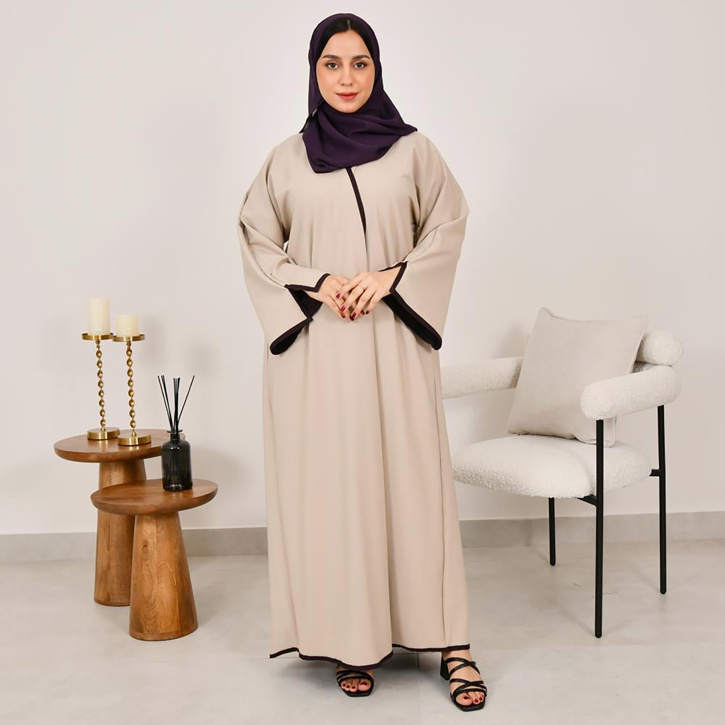 Lamha Purple Slit Sleeves Linen Women's Double Face Abaya with Hijab-women-arabicclothing-abayas-image-2
