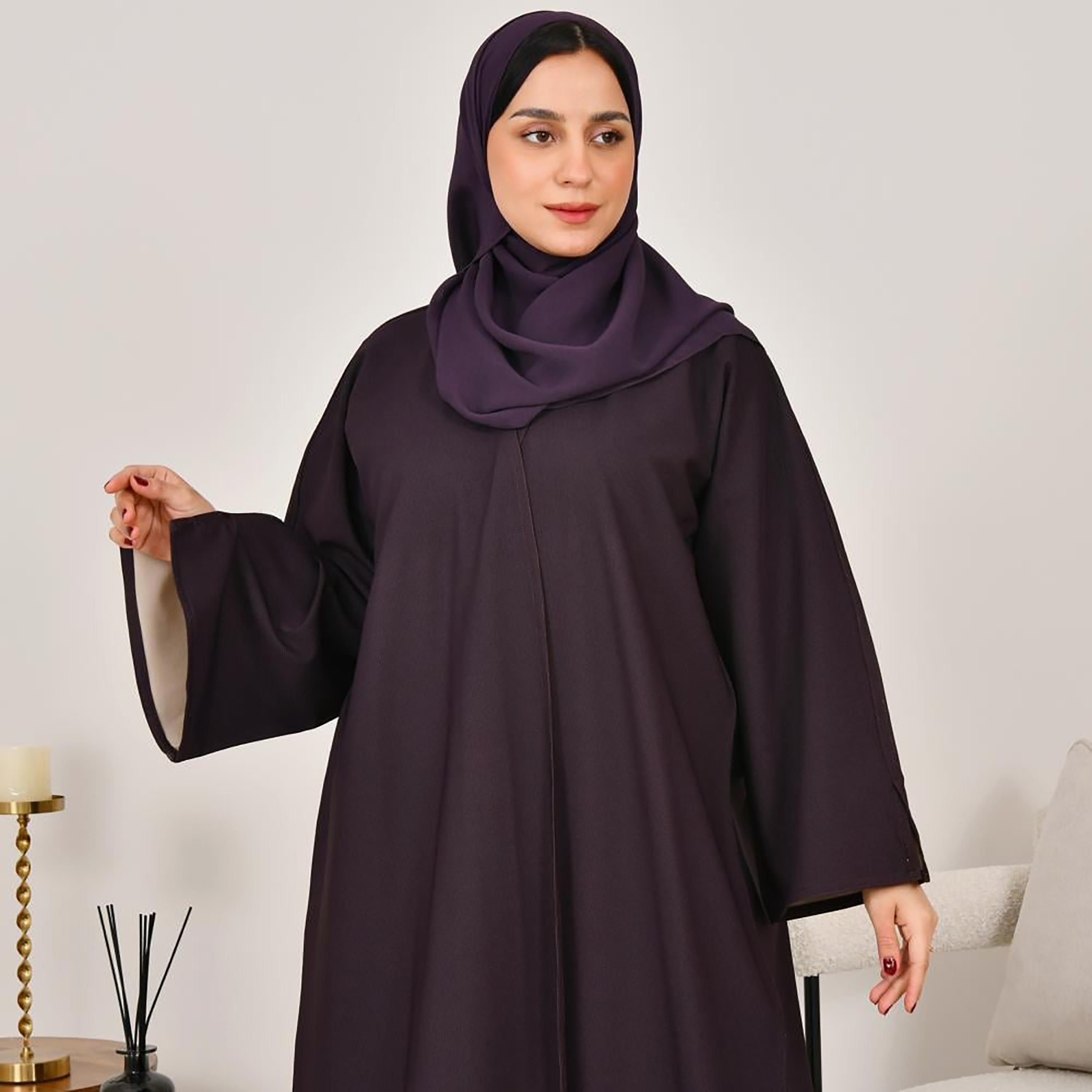 Lamha Purple Slit Sleeves Linen Women's Double Face Abaya with Hijab-women-arabicclothing-abayas-image-3