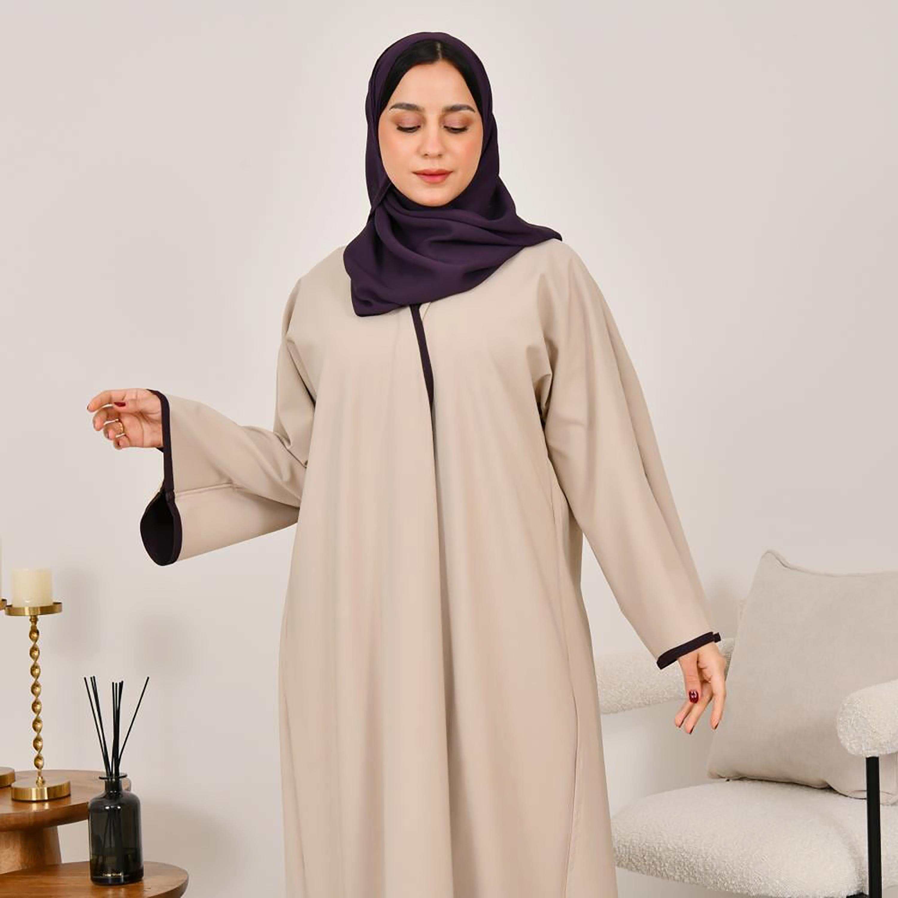 Lamha Purple Slit Sleeves Linen Women's Double Face Abaya with Hijab-women-arabicclothing-abayas-image-4