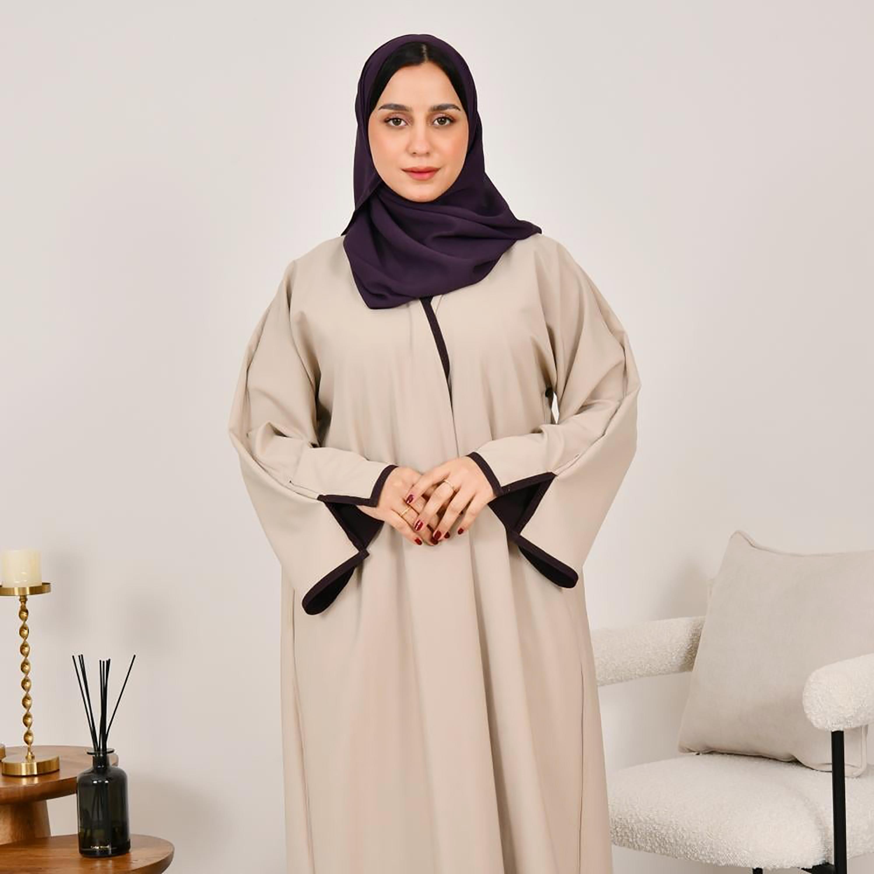 Lamha Purple Slit Sleeves Linen Women's Double Face Abaya with Hijab-women-arabicclothing-abayas-image-5