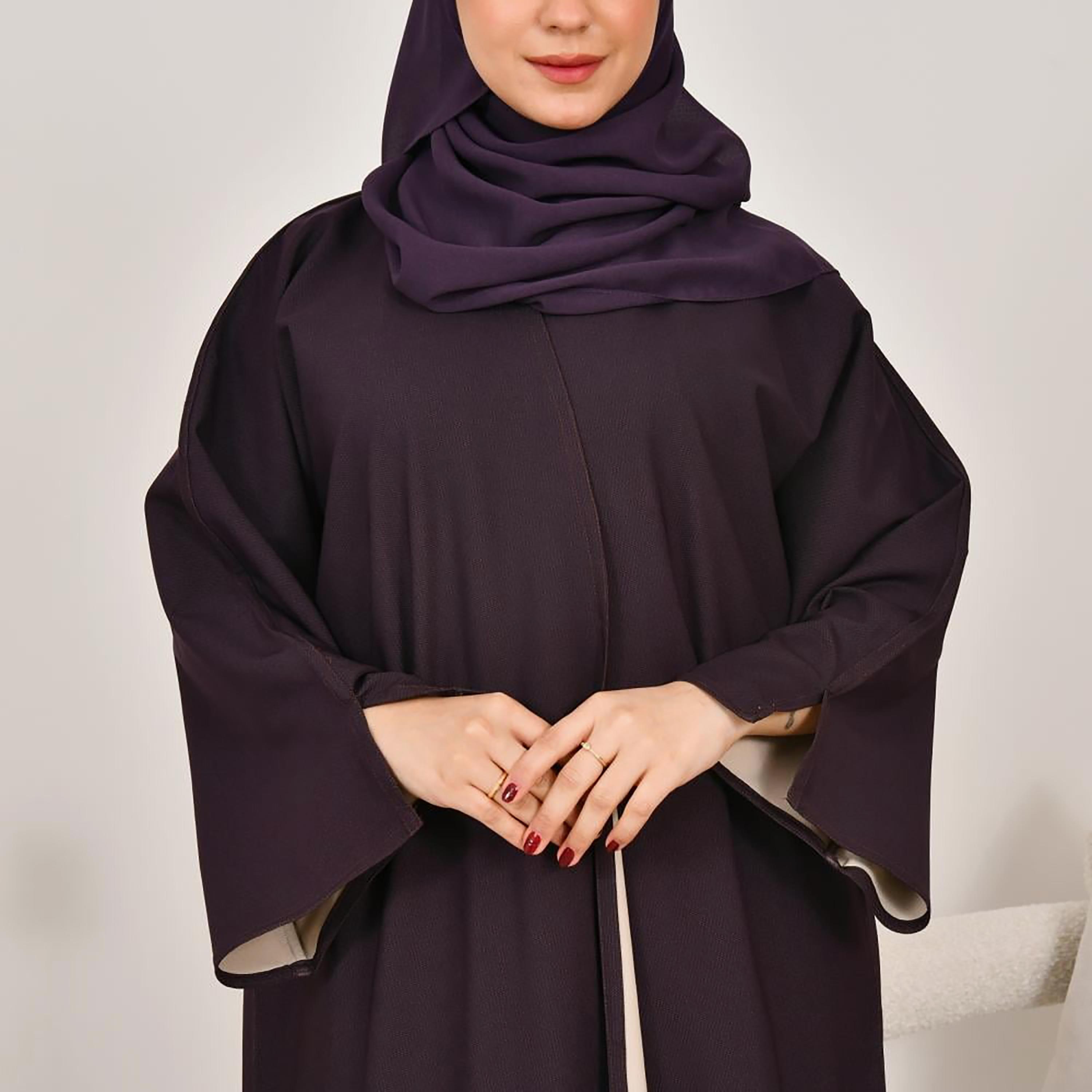 Lamha Purple Slit Sleeves Linen Women's Double Face Abaya with Hijab-women-arabicclothing-abayas-image-6