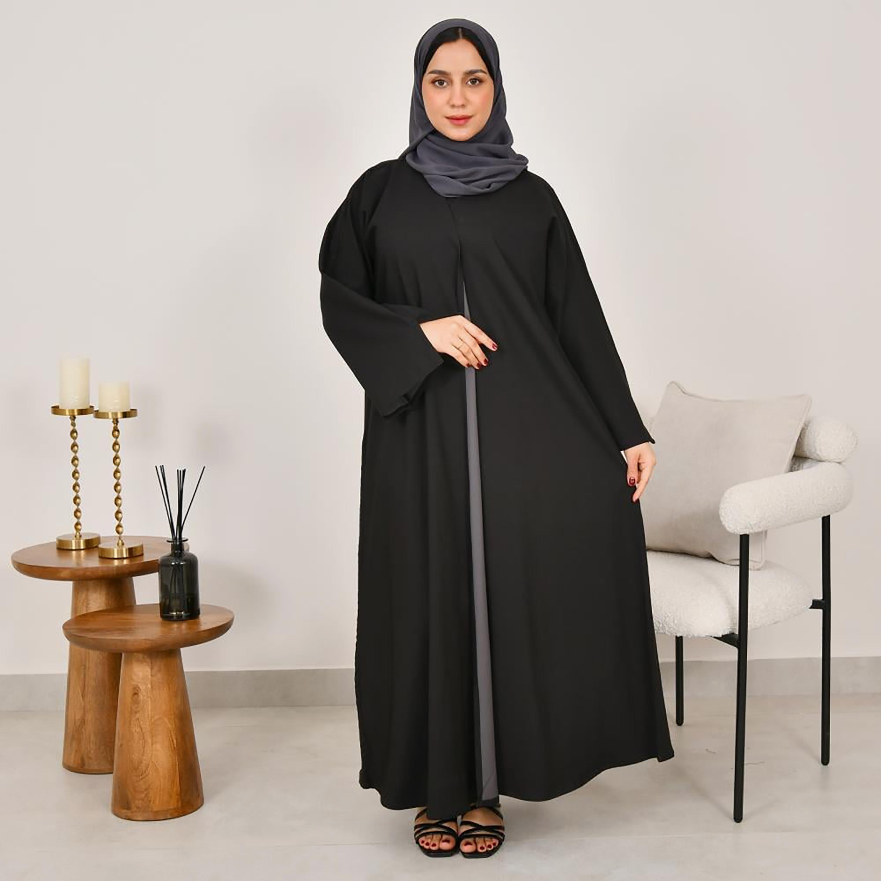 عباية نسائية من الكتان بأكمام مفتوحة باللون الأسود مع حجاب ووجهين من لمحة-women-arabicclothing-abayas-image-1