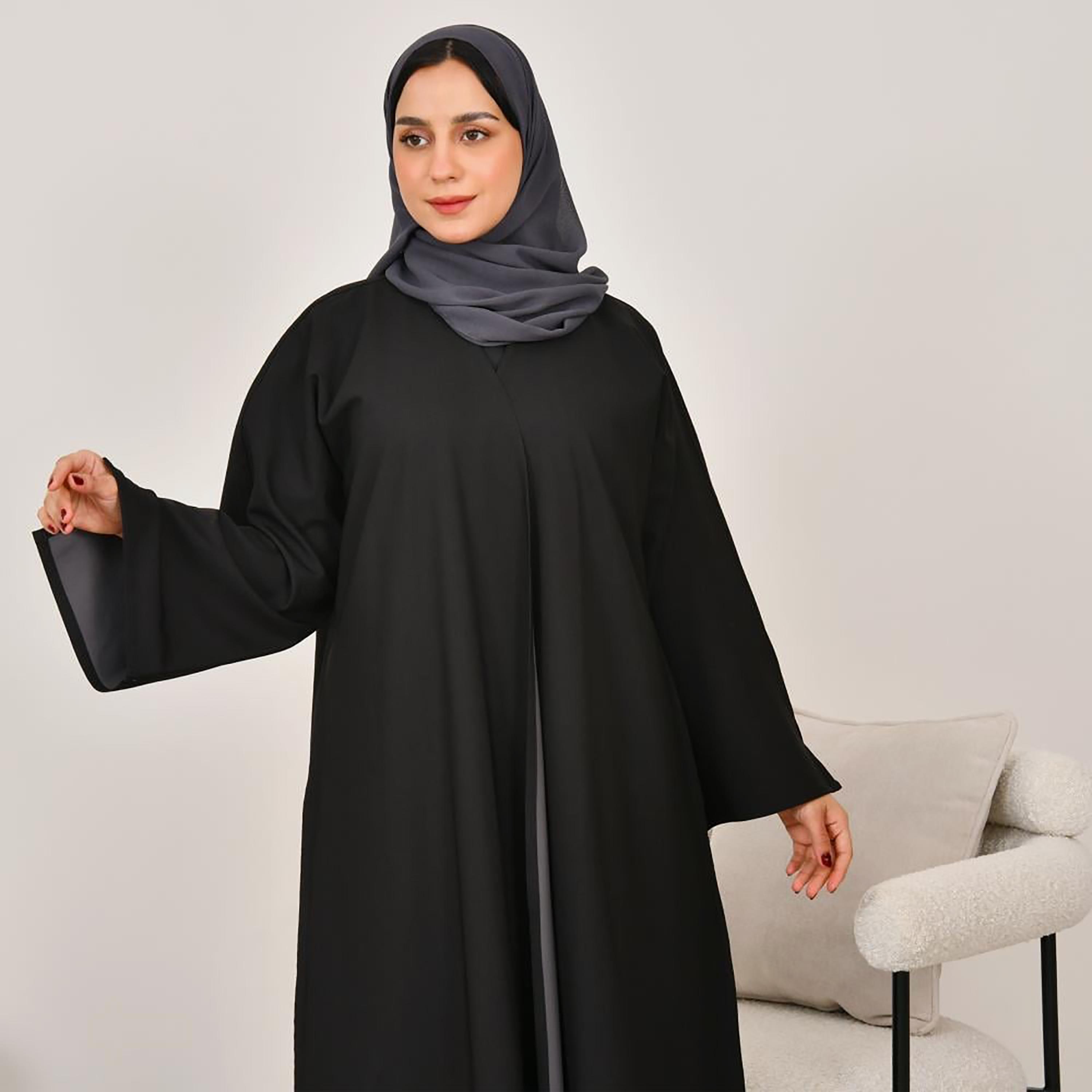عباية نسائية من الكتان بأكمام مفتوحة باللون الأسود مع حجاب ووجهين من لمحة-women-arabicclothing-abayas-image-2