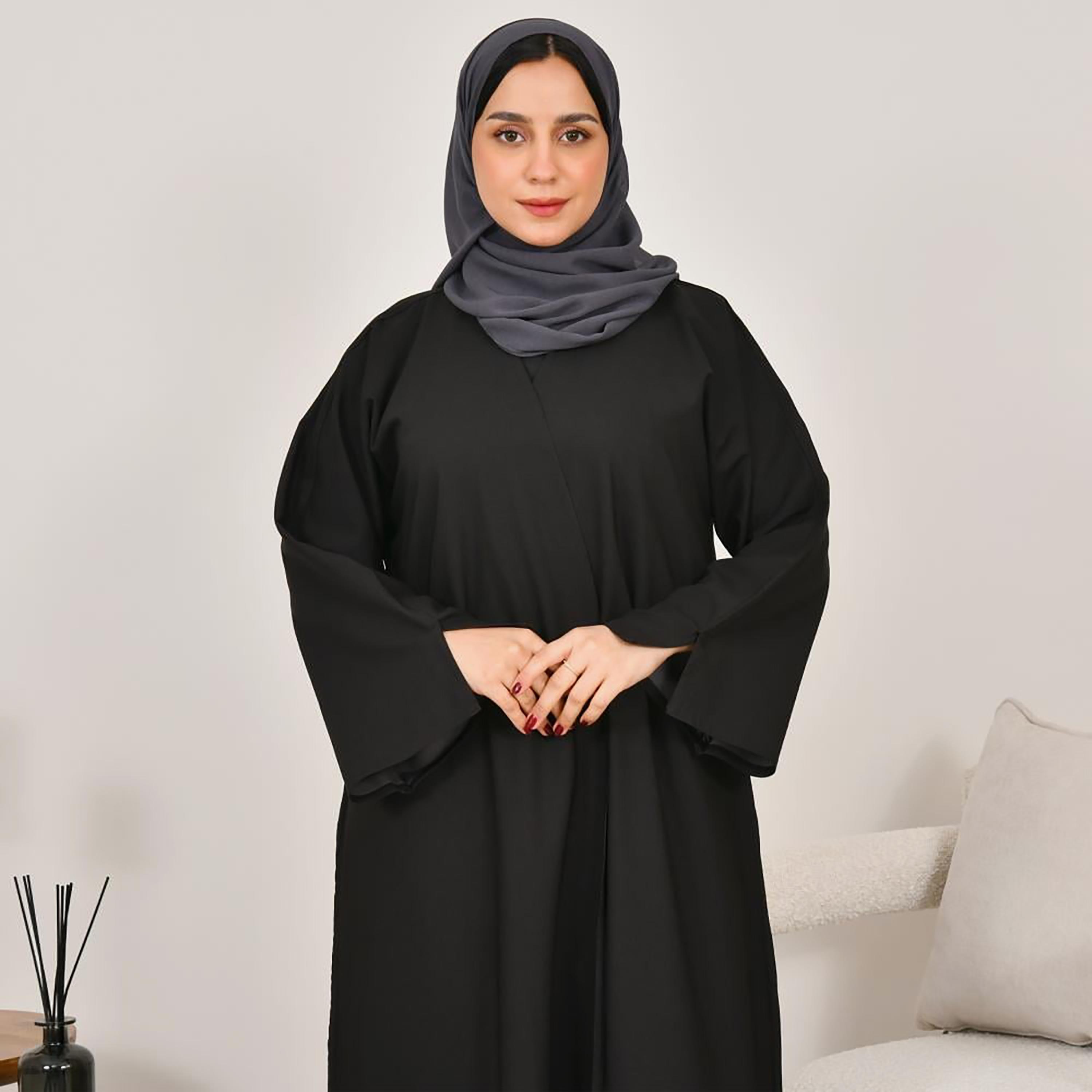 عباية نسائية من الكتان بأكمام مفتوحة باللون الأسود مع حجاب ووجهين من لمحة-women-arabicclothing-abayas-image-4
