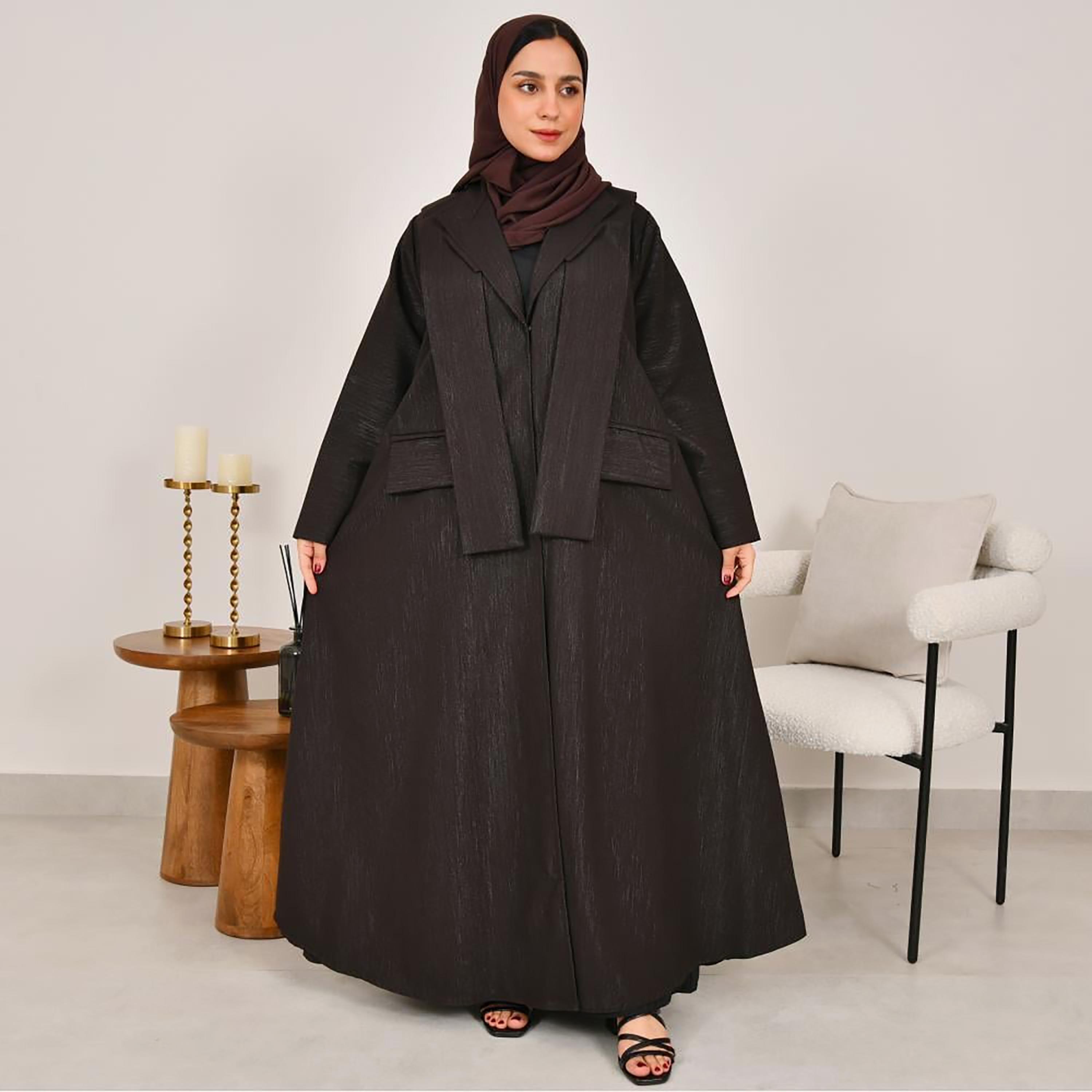 Lamha Brown Shimmery Notch Lapel Linen Women's Abaya with Hijab-women-arabicclothing-abayas-image-1