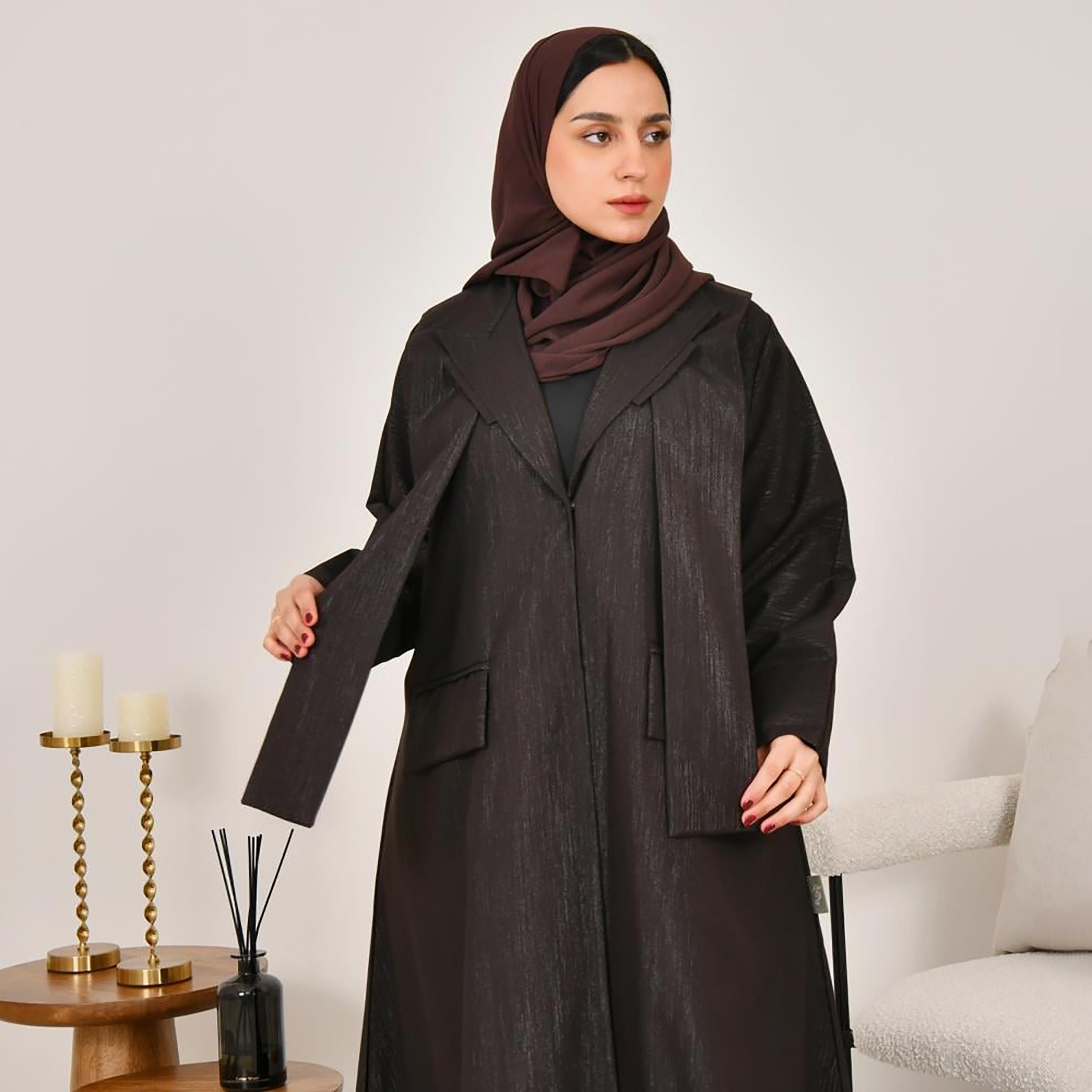 Lamha Brown Shimmery Notch Lapel Linen Women's Abaya with Hijab-women-arabicclothing-abayas-image-2