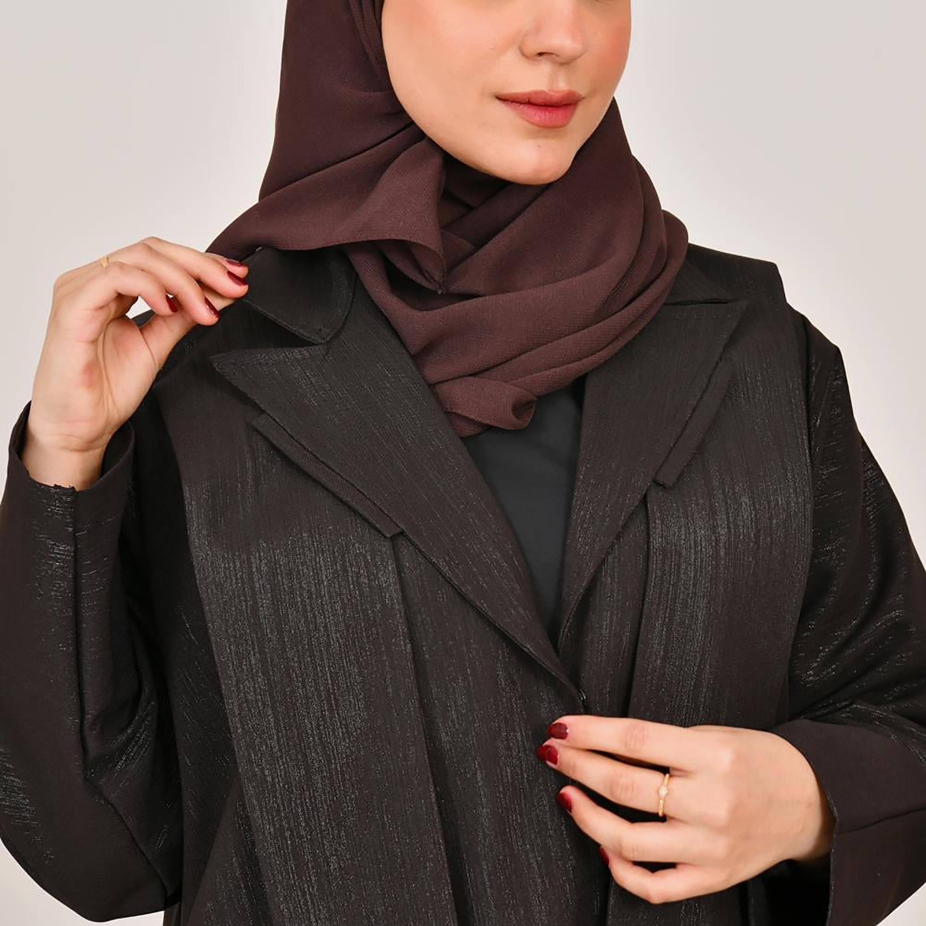 Lamha Brown Shimmery Notch Lapel Linen Women's Abaya with Hijab-women-arabicclothing-abayas-image-3