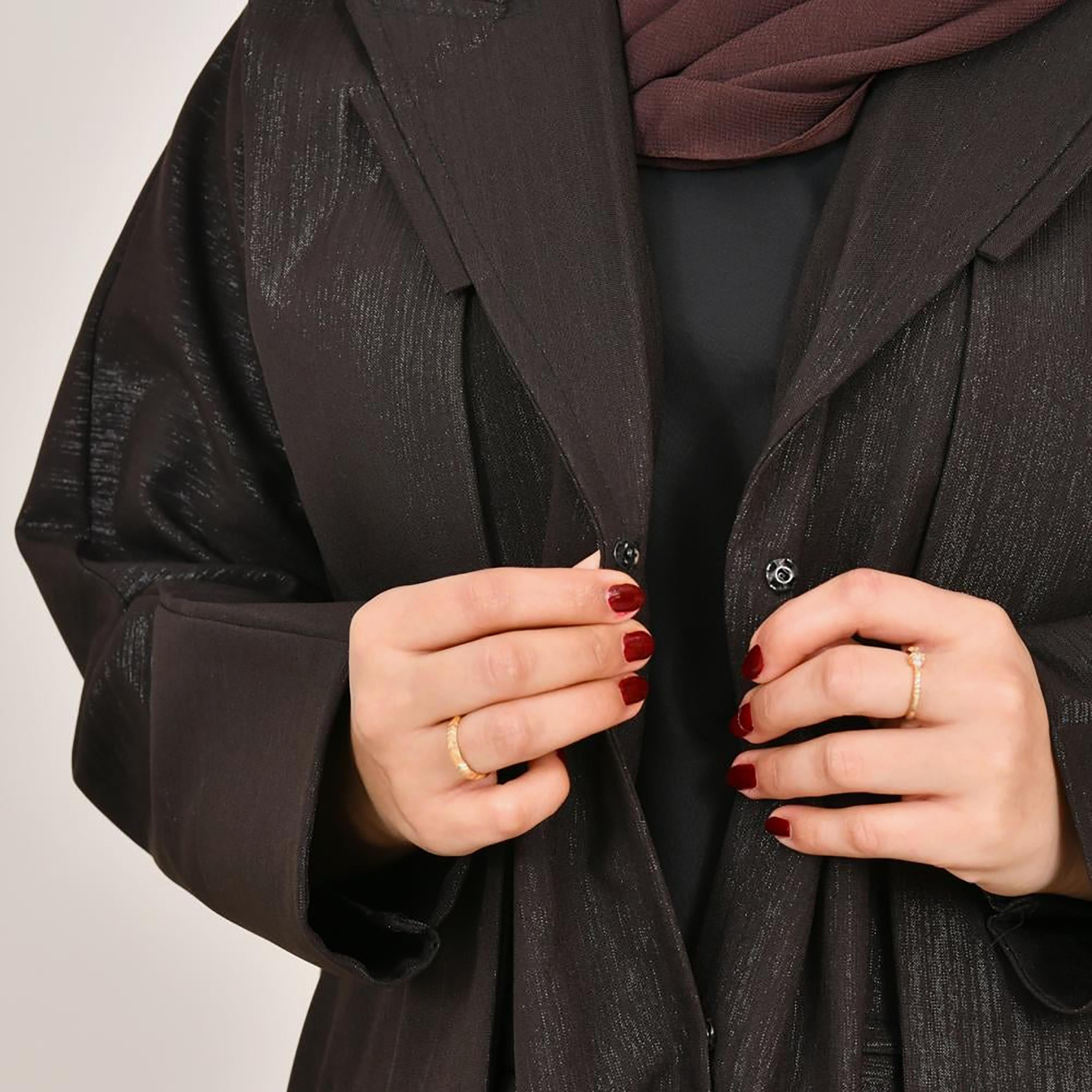 Lamha Brown Shimmery Notch Lapel Linen Women's Abaya with Hijab-women-arabicclothing-abayas-image-4