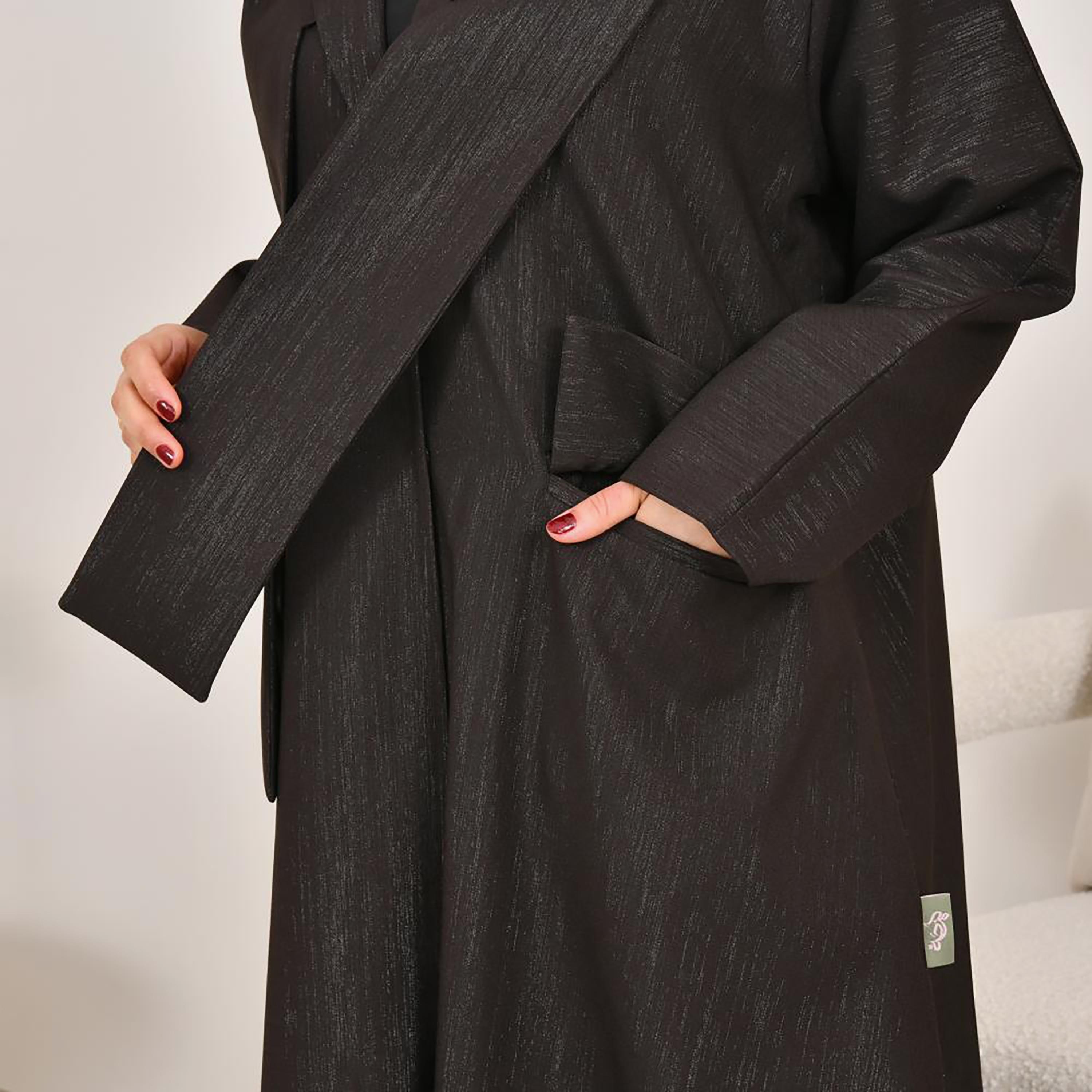 Lamha Brown Shimmery Notch Lapel Linen Women's Abaya with Hijab-women-arabicclothing-abayas-image-5