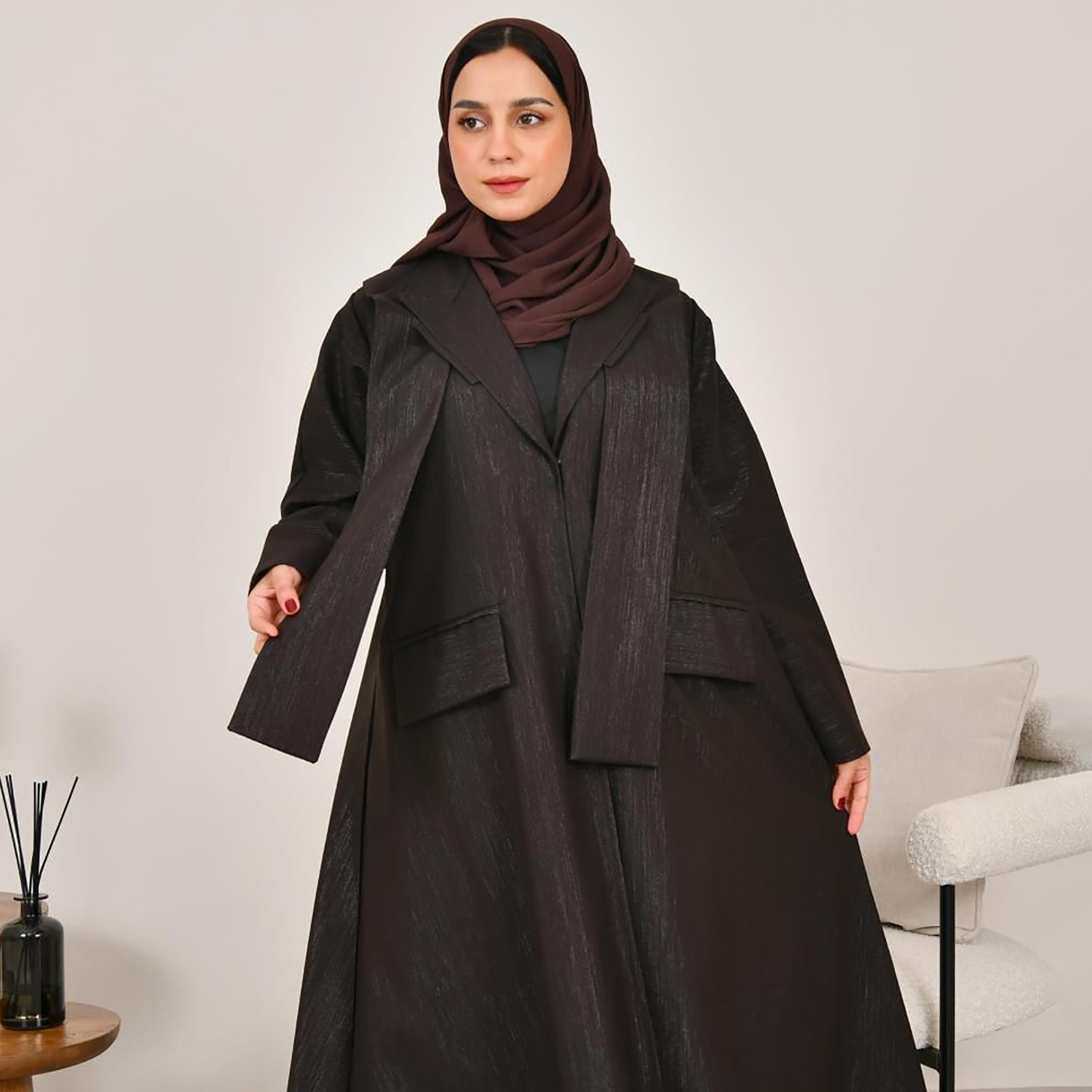 Lamha Brown Shimmery Notch Lapel Linen Women's Abaya with Hijab-women-arabicclothing-abayas-image-6