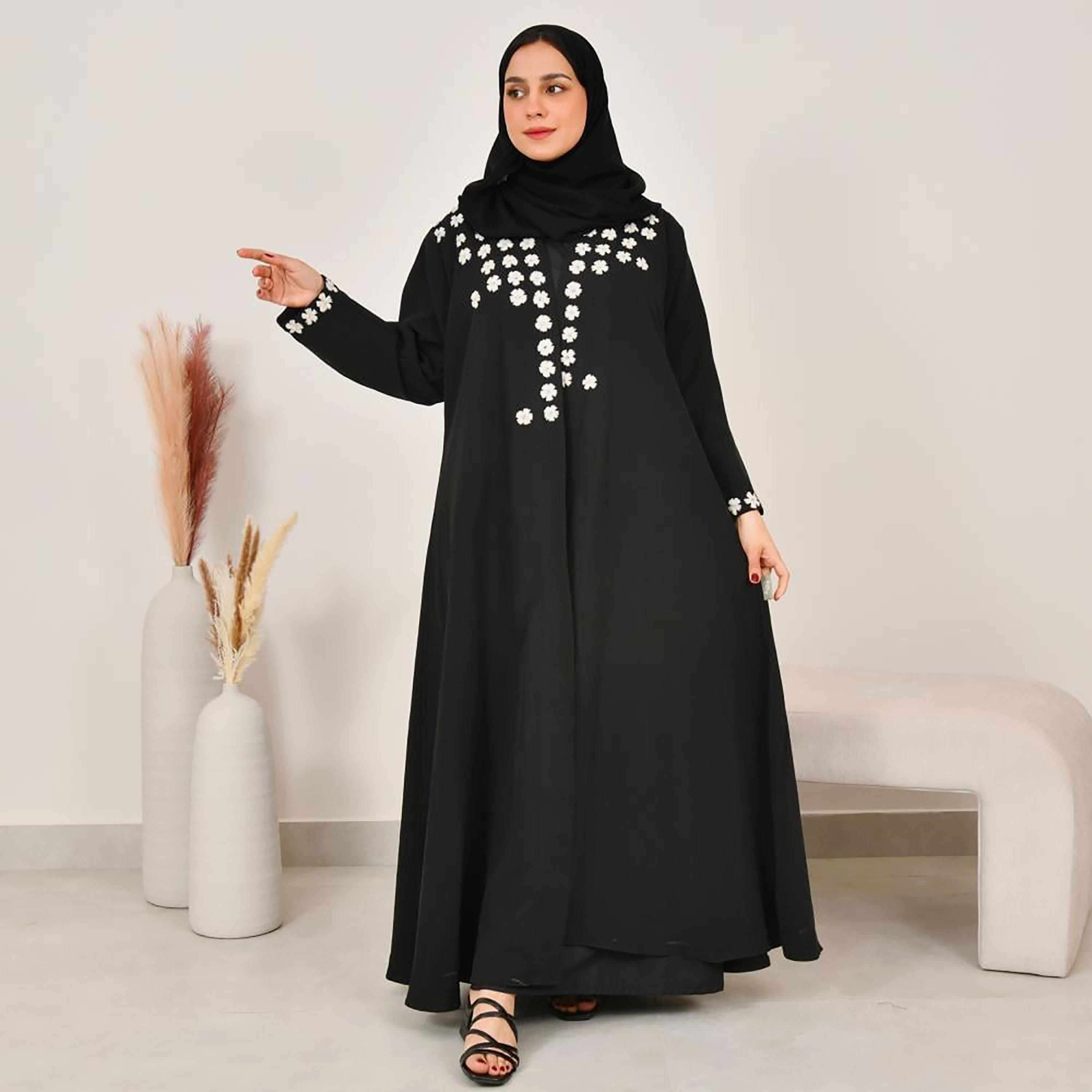 Lamha Floral Embroidered Linen Women's Abaya with Hijab-women-arabicclothing-abayas-image-1