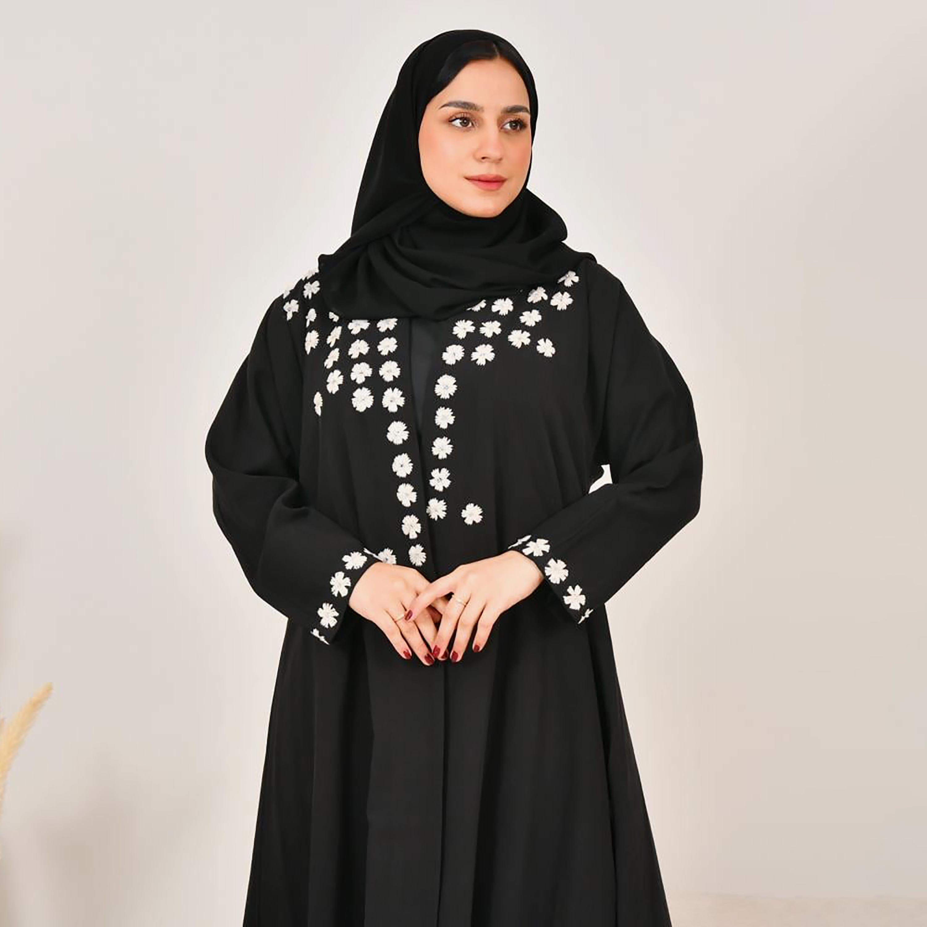 Lamha Floral Embroidered Linen Women's Abaya with Hijab-women-arabicclothing-abayas-image-2