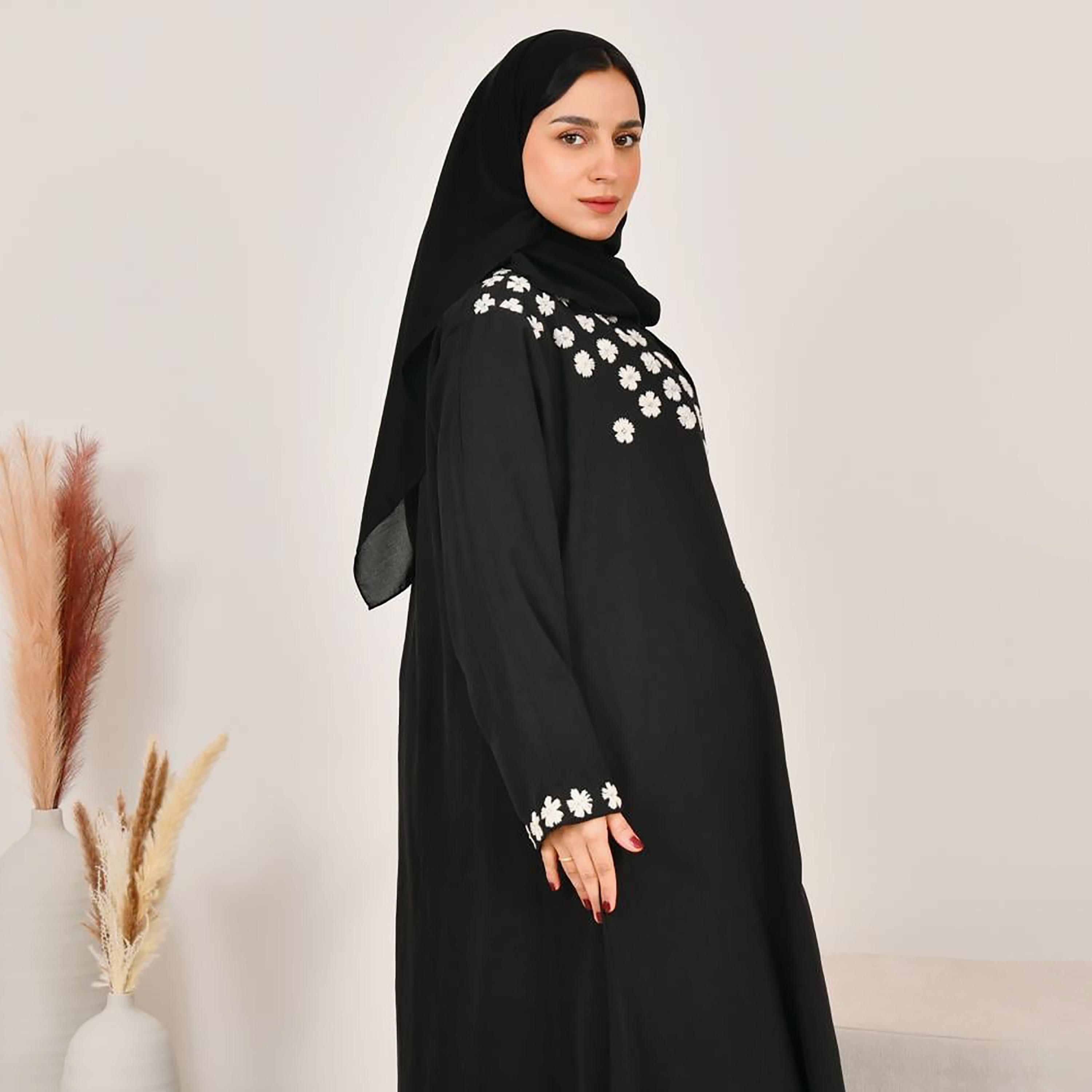 Lamha Floral Embroidered Linen Women's Abaya with Hijab-women-arabicclothing-abayas-image-4