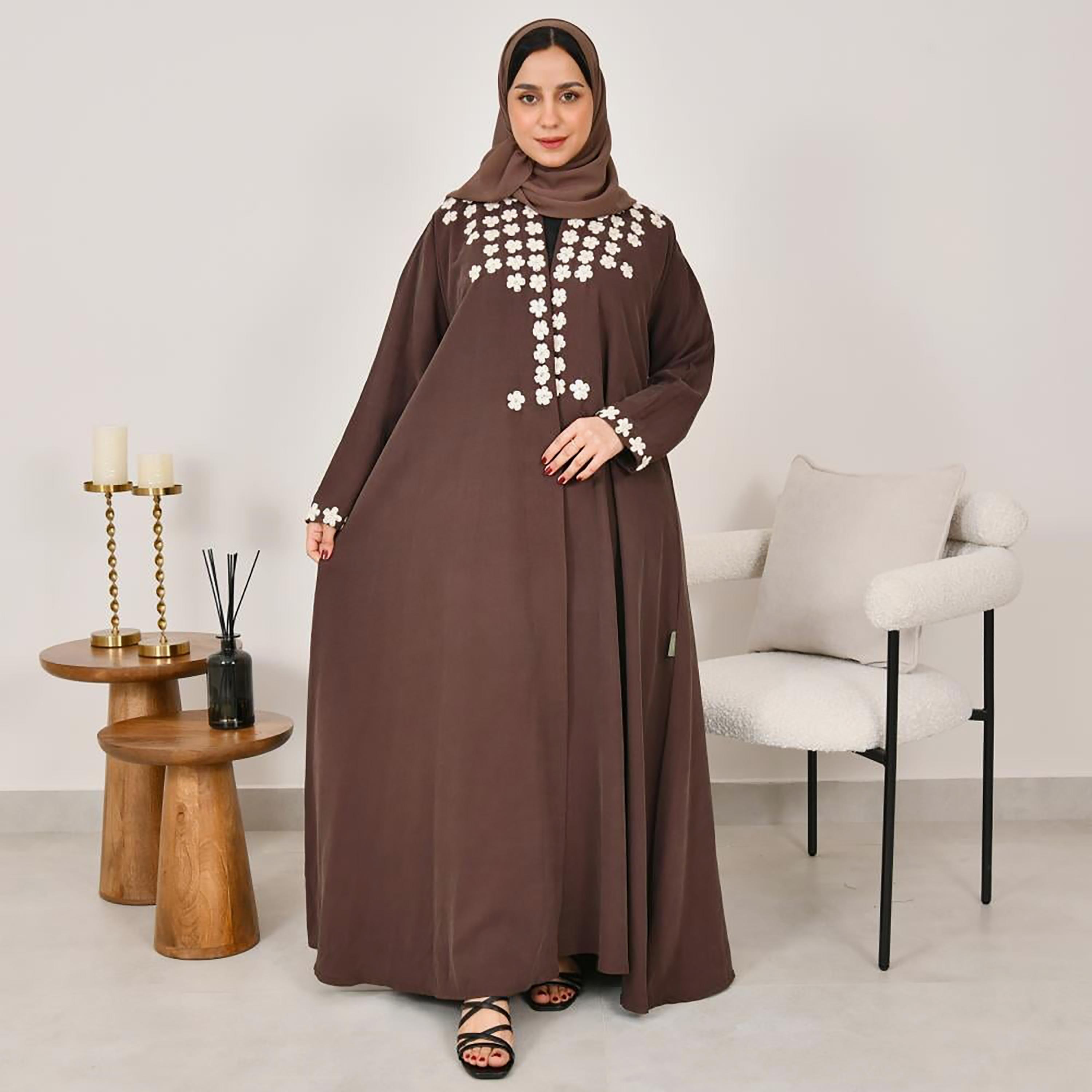 عباية نسائية من الكتان مطرزة بالورود مع حجاب من لمحة-women-arabicclothing-abayas-image-1