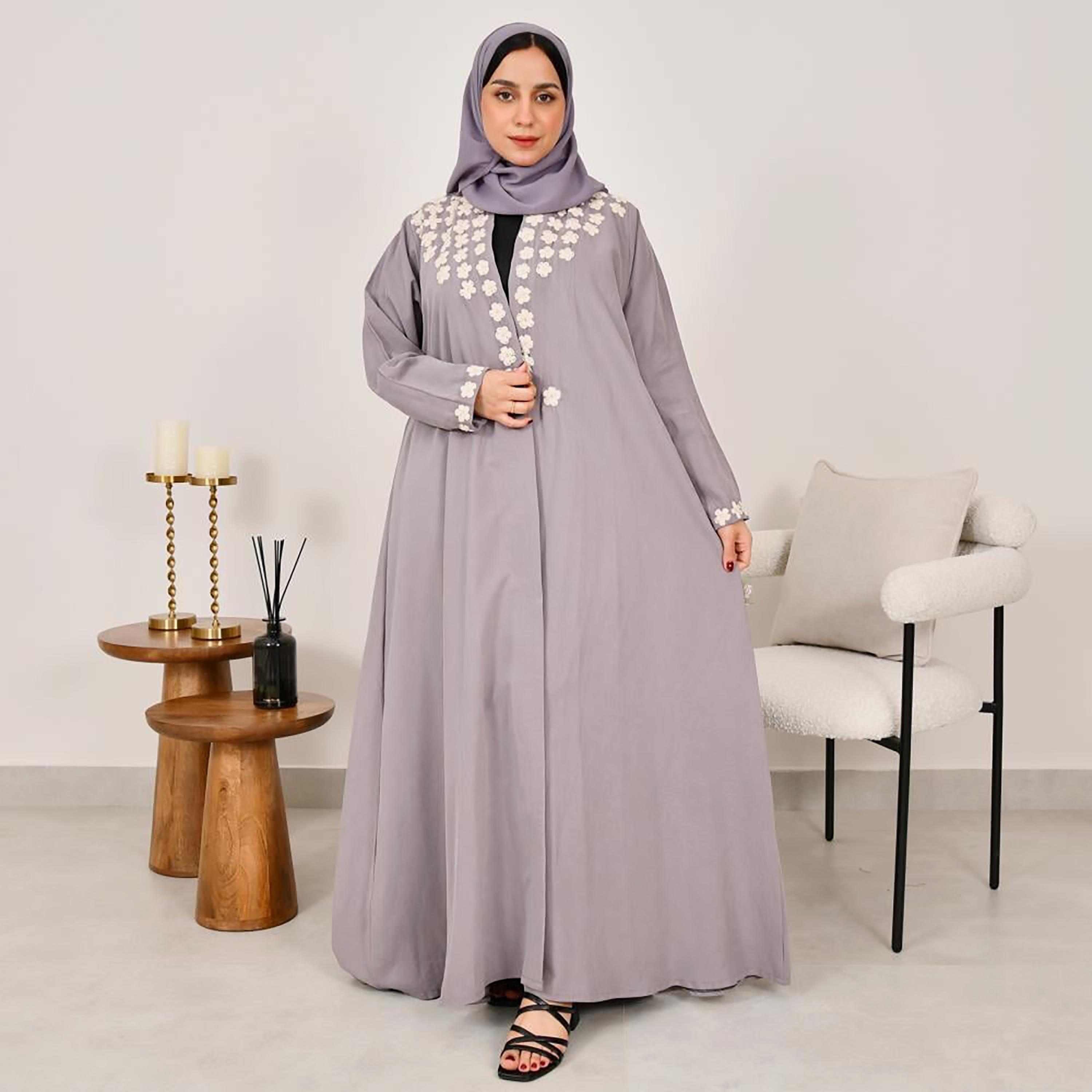 عباية نسائية من الكتان مطرزة بالورود مع حجاب من لمحة-women-arabicclothing-abayas-image-1